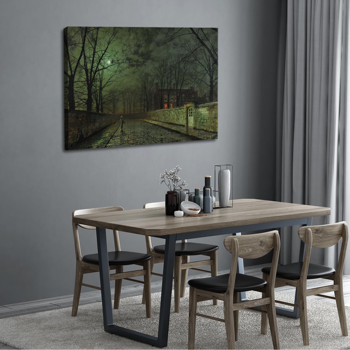CHERHERART Srebrne płótno księżycowe malowanie drukuje tajemnicze i spokojne nocne płótno oprawione zdjęcie do salonu i biura 40 x 60 cm