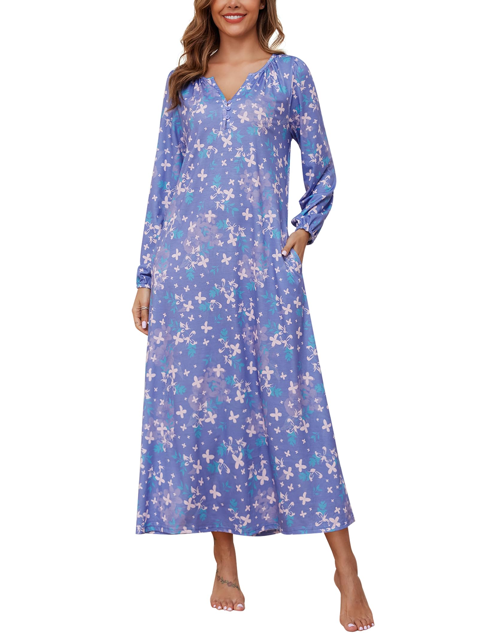 Marvmys Womens Cotton Long Sleeve Nightgown Long Sleepshirts Full Length Henley Sleep Dress with Pockets