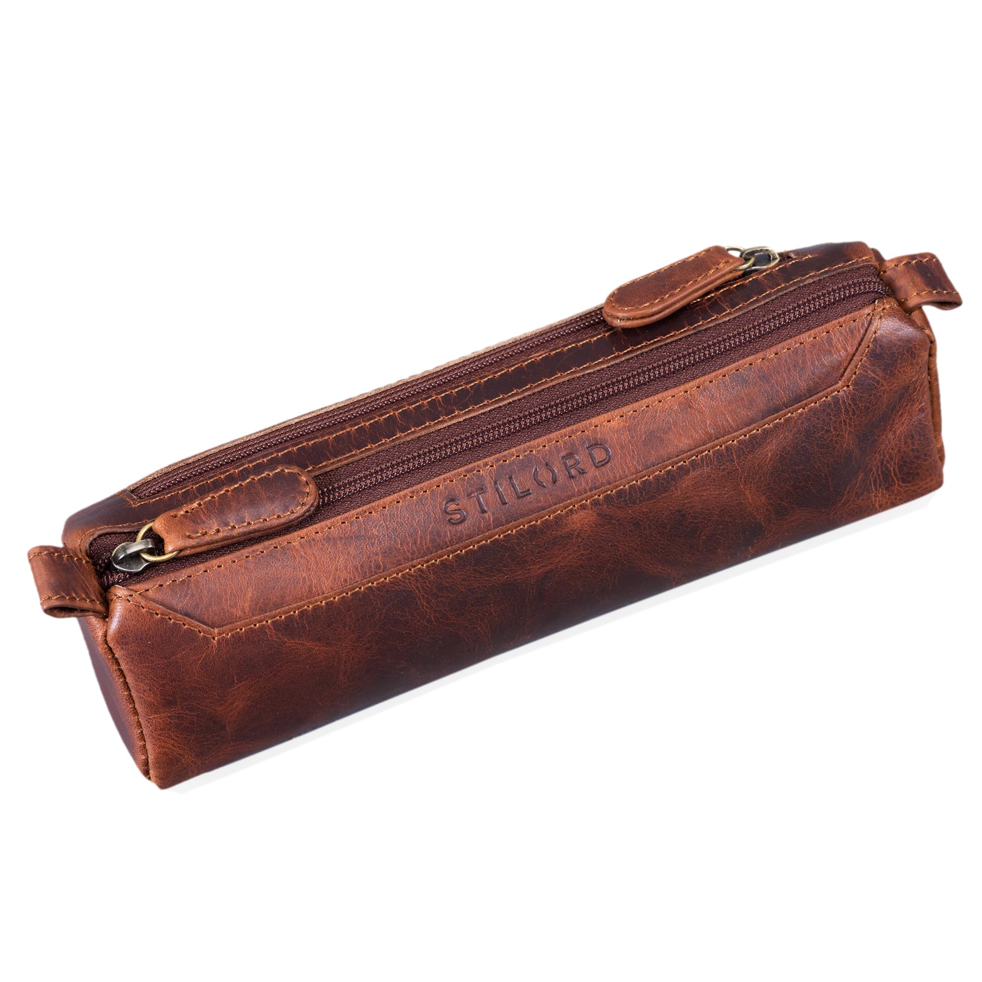 STILORD 'Jim' Estuche o Bolsa para lápices y bolígrafos de Cuero Portatodo Escolar Redondo para Hombres y Mujeres Cartuchera de Piel auténtica