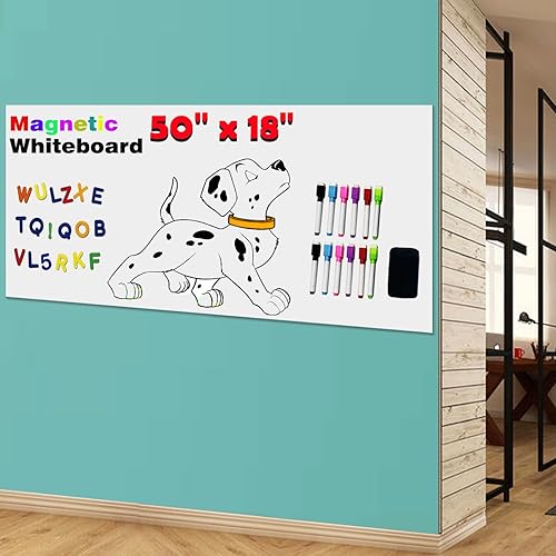 Papel magnético de borrado en seco para pared, 50 x 18 pulgadas, adhesivo autoadhesivo para pizarra blanca con 12 marcadores magnéticos y borrador