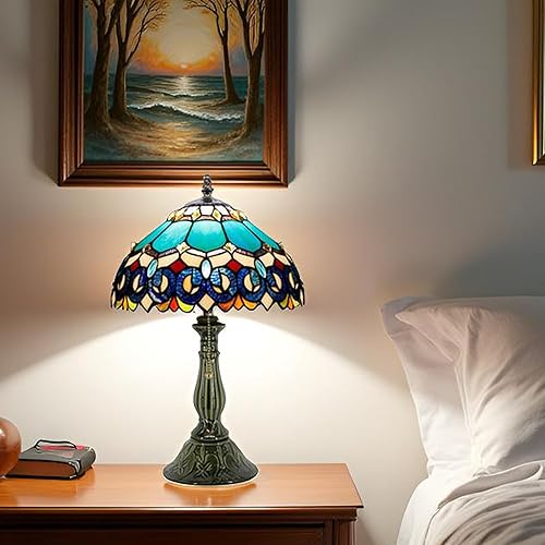 Miniatura 6 de Tiffany Lamp Stained Glass Table Lamps Blue Jewelry Baroque Style Desk Lamp 12X12X18.5 Inch Bronze Ceramic Base Reading Light Suitable for Bedside