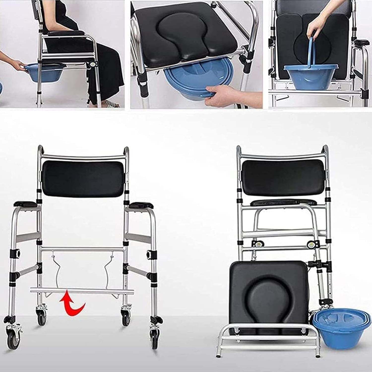Adjustable Height Commode Chair, 4-Wheel Brakes Shower Chair with Armrests, Detachable Pot, Lightweight Stool for Handicap, Seniors, Disabled