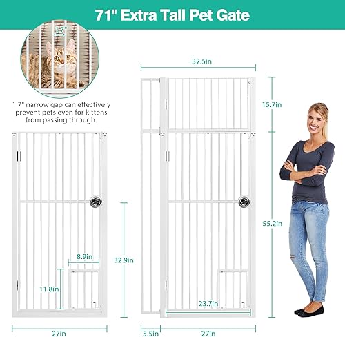 Miniatura 5 de Puertas extra altas de 71 pulgadas para gatos y perros, puerta ajustable para gatos de 28.7 pulgadas y 37.5 pulgadas de ancho, puerta completa