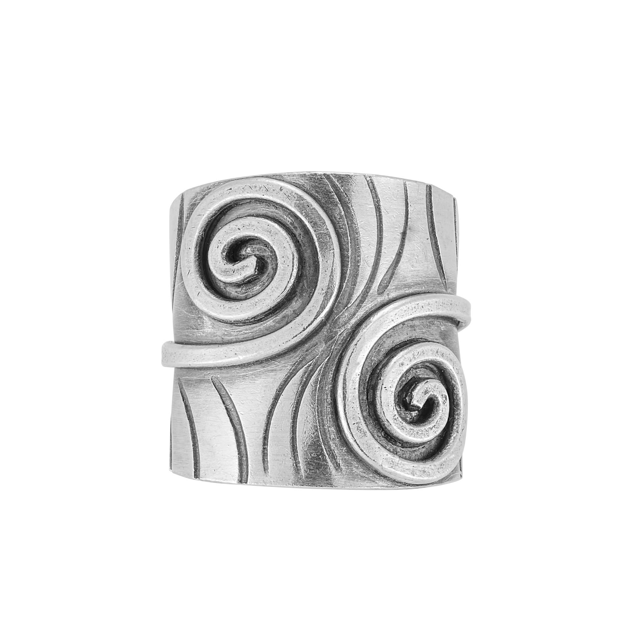 81stgeneration Hill Tribe Anello con Applicazione a Spirale in Argento con Trama a Foglia Incisa | Fascia Larga Regolabile in Argento Puro 999 | Gioielli Artigianali Tribali da Donna