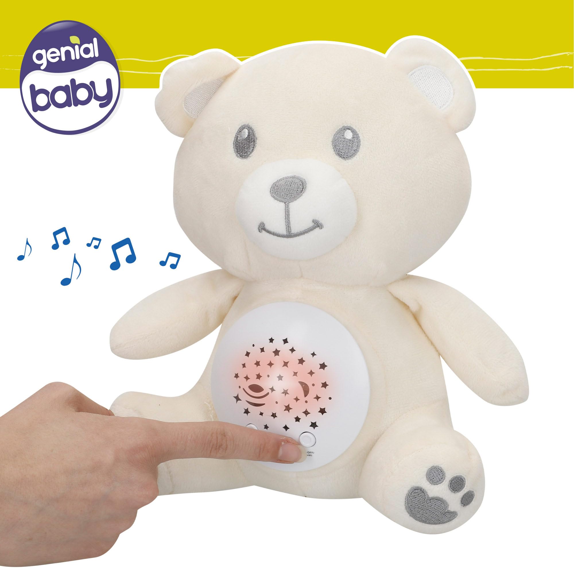 COLORBABY Genial Baby Proyector Estrellas, Osito, 25 cm, Luz Nocturna y Temporizador, Peluche quitamiedos Infantil, con Sonidos y Ruido Blanco bebé, Regalo recién Nacido, Regalos para bebés (34034)