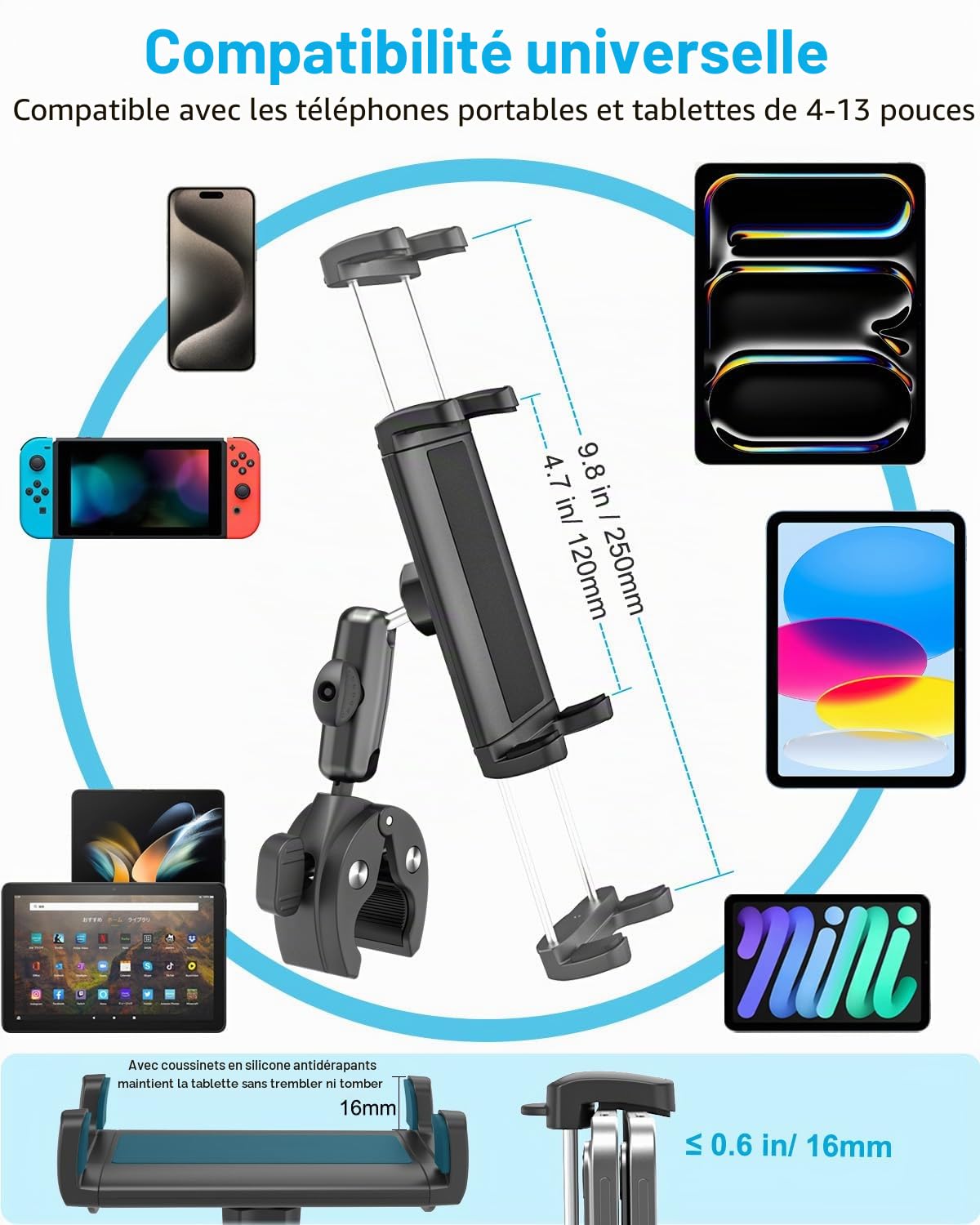 Support Tablette pour Bateau, Support Tablette Bateau avec Bras Robuste Réglable à 360°, Porte Tube pour iPad Pro 13 11 Air Mini, Galaxy Tab A9+ S6 S9, Tab M11 M10 M9, Téléphone, 4-13"