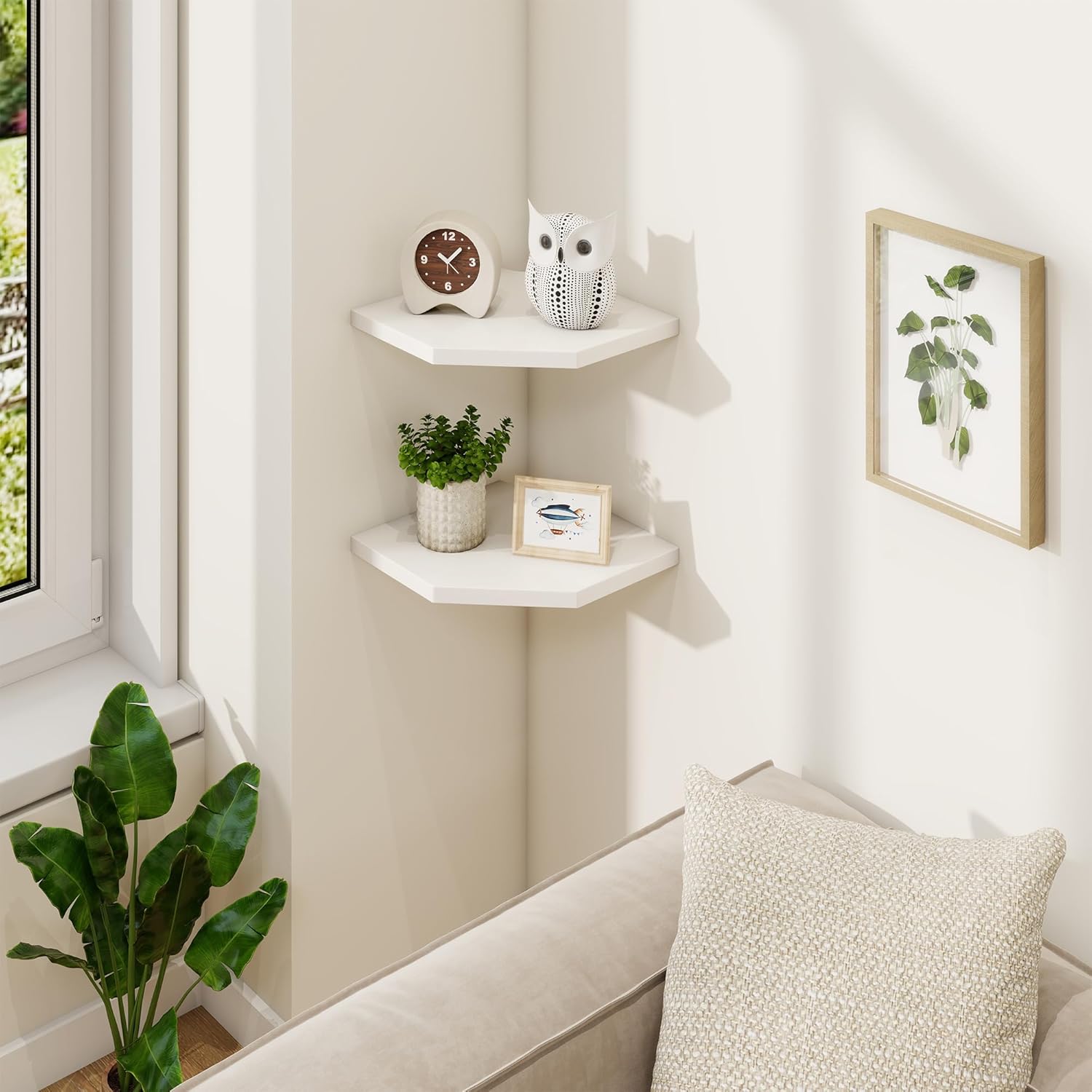 Fun Memories Corner Shelf Wall Mount, Solid Oak Wood Floating Corner Shelves with Cable Hole, 8.5in Rustic Design for Bedroom, Bathroom, Kitchen, Living Room (White, 1 Pack)