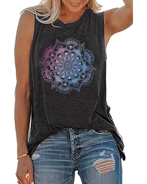 Floral Tank Tops for Women Mandala Tanks Wildflower Graphic Tees Sleeveless Tshirts Beach Vacation Summer Tops