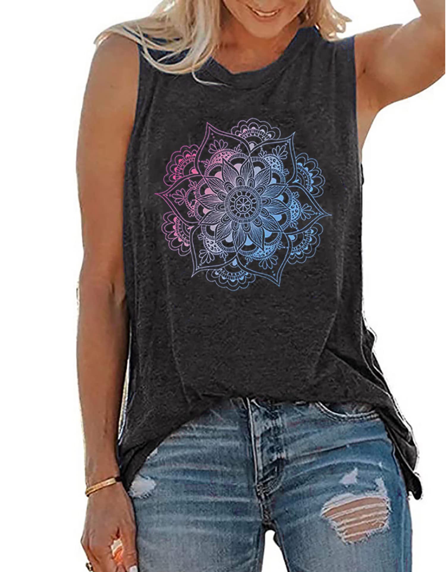 BOMYTAOMandala Lotus Tank Top for Women Sacred Geometry Meditation Gift Sleeveless Graphic Tees Vest