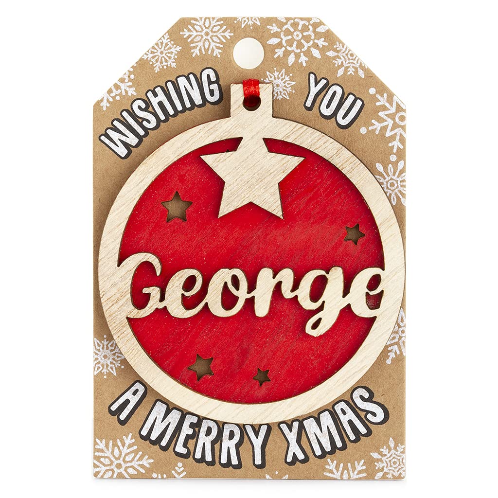 Personalised Wooden George Name Red Hanging Christmas Tree Bauble Decoration