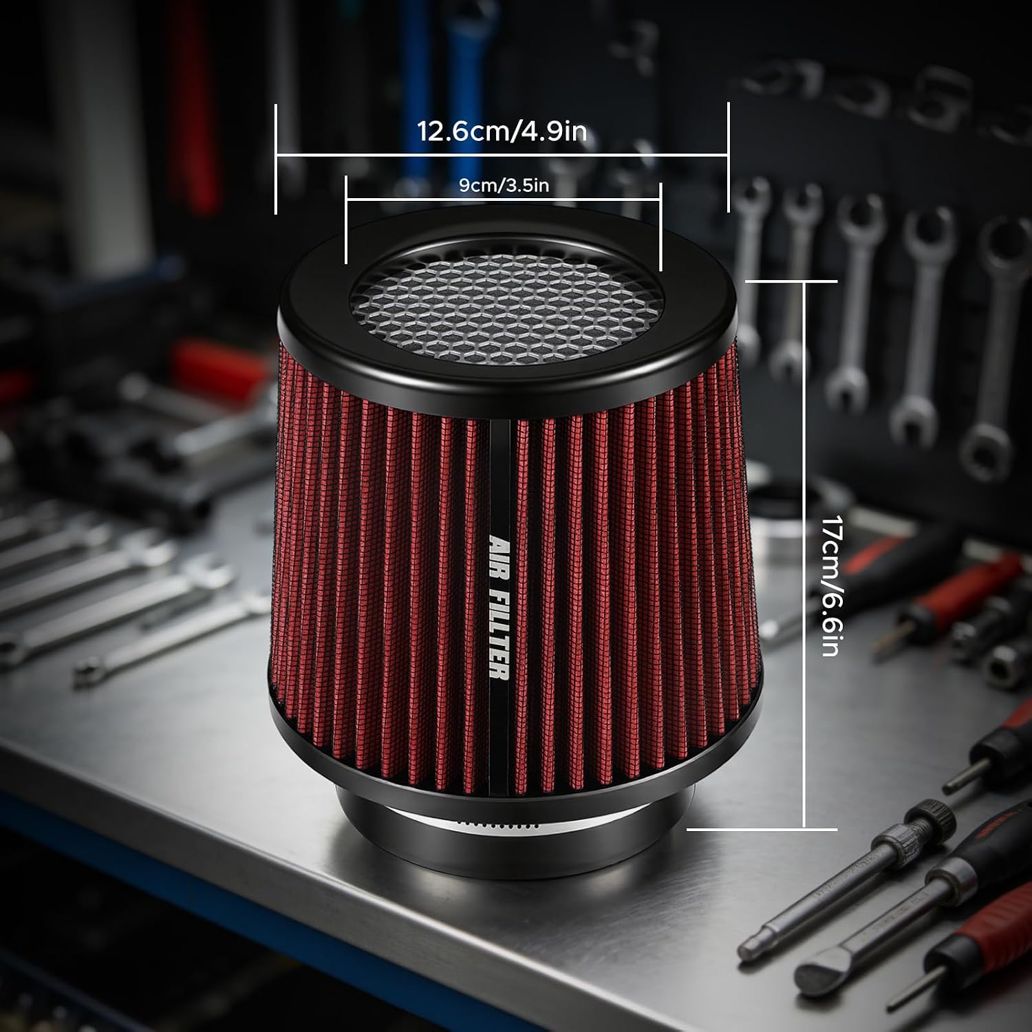 Rogierra Clamp-On Engine Air Filter - Premium High Performance Washable & Reusable Cold Air Intake Filter, Fits 3/3.5/4in Diameter Tubes, Round Tapered Red