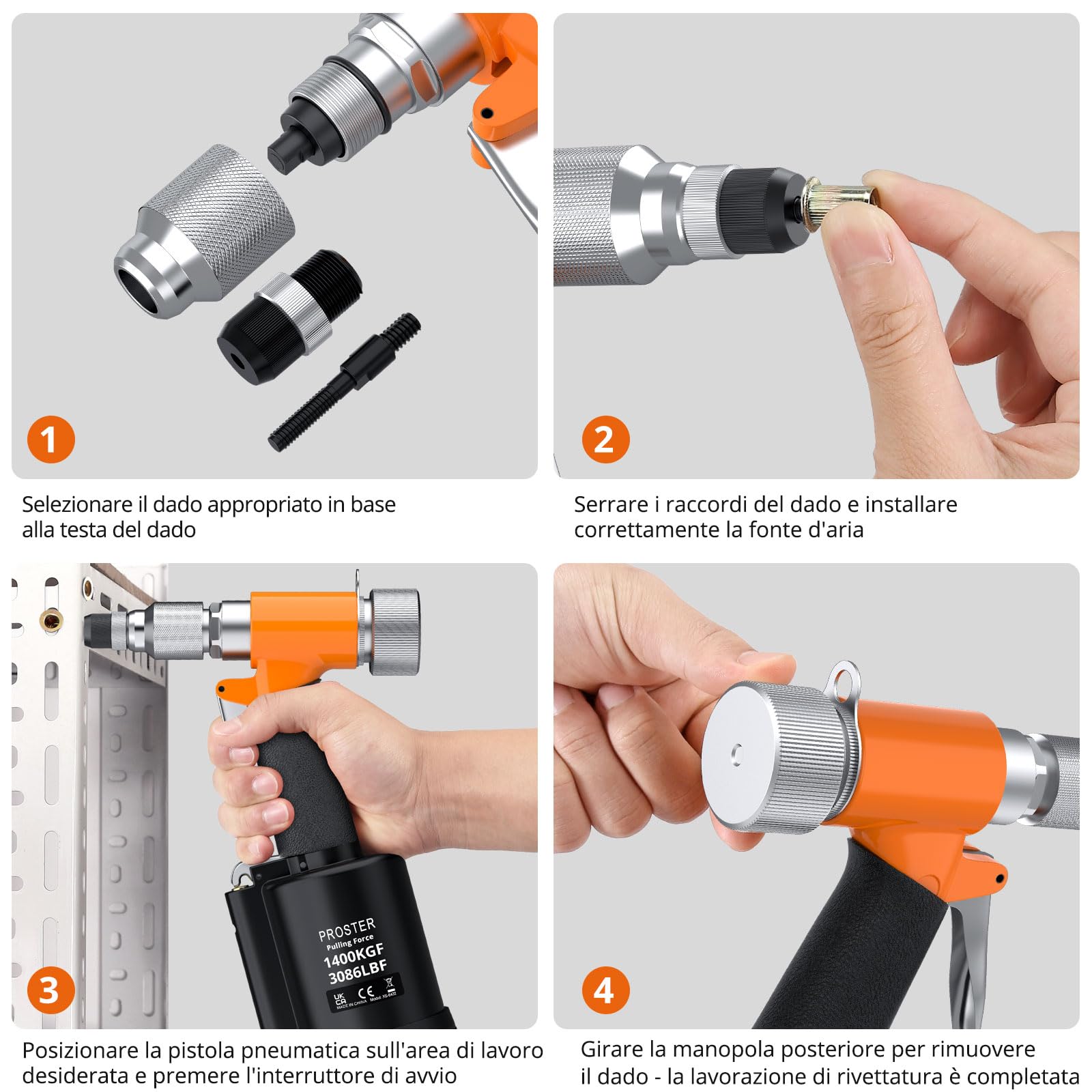 Proster Pistola Pneumatica per Rivetti Nut Set Rivet Nut con 5 Mandrini Metrici M4-M10 Forza di Trazione 1400KGF Valvola di Regolazione della Pressione Attrezzo per Fai da Te e Officina con Custodia