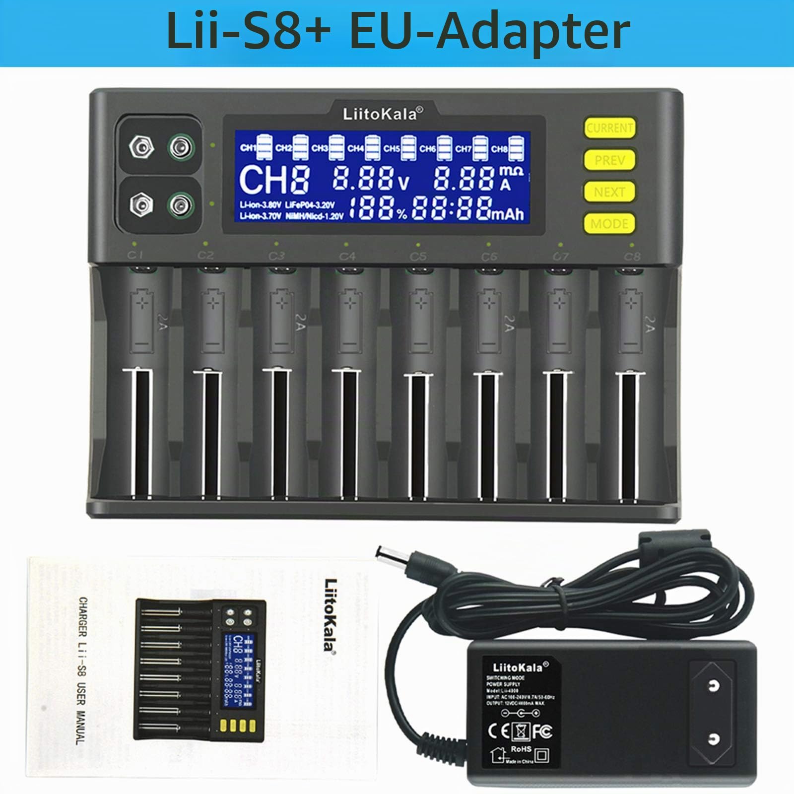 Docooler Liito Kala LII-S8 Intelligentes Ladegerät 8 Steckplätze Automatisch/Manuell LED Kompatibel mit 18650 26650 21700 26700 AA AAA Lithium Ladegerät