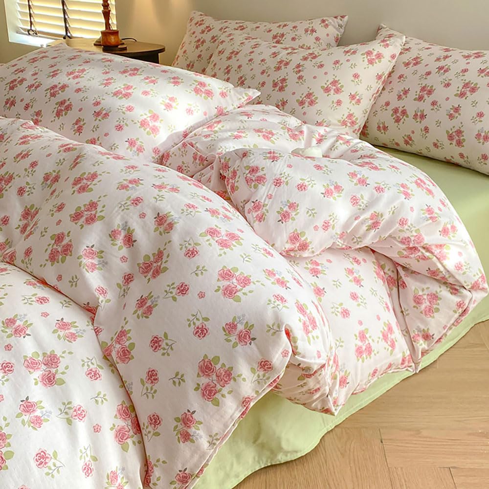 Covebett King Bed Duvet Cover Sets White Pink Rose Flowers Floral Print Microfibre Bedding Set 3pcs Botanical Pattern Aesthetic Quilt Cover 220x230 with Zipper Closure and 2 Pillowcase 50x75 cm — image 1