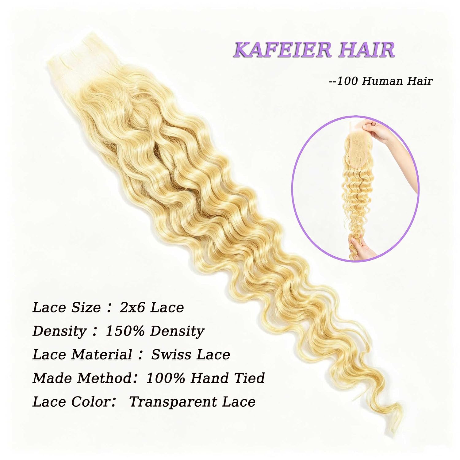 Blonde Deep Wave Closure 2x6 Lace Closure Color #613 2x6 Transparent Lace Deep Wave 100% Human Hair Free Part 150% Density Bleached Knots Pre Plucked With Baby Hair 14 Inch
