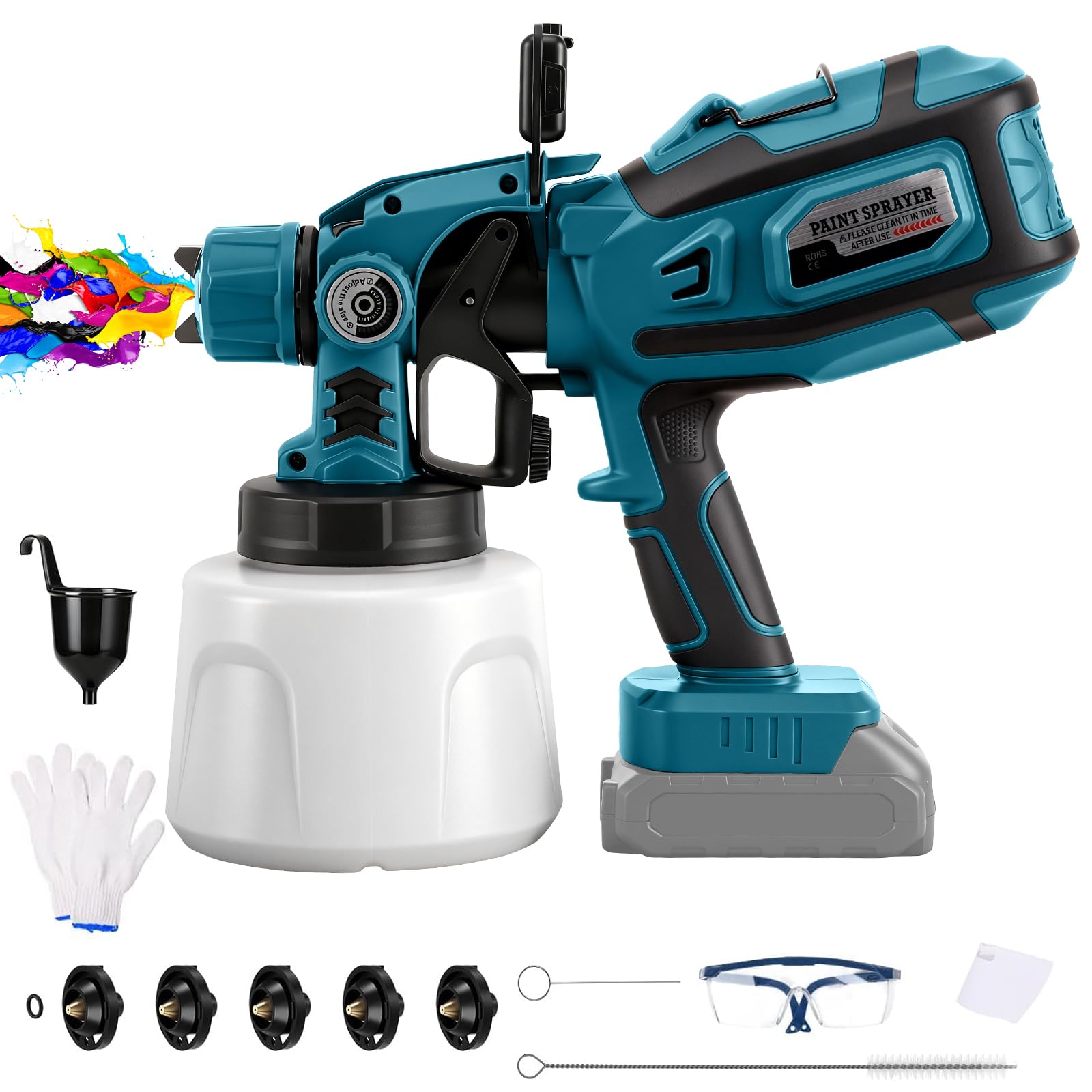 Pulverizador de Pintura Inalámbrico con LED para Makita 18V (sin batería) | 200W, Sistema de Pintura Eléctrico, Depósito 1,4L, 3 Patrones, 5 Boquillas, Cepillo, Guantes, Gafas