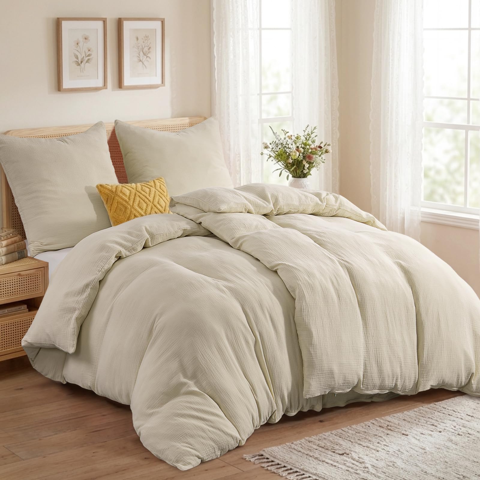 RUIKASI Musselin Bettwäsche 135x200 4teilig - Oeko-TEX Baumwolle Bettwäsche-Sets Beige mit Reißverschluss, atmungsaktive Sommer Bettbezug mit 2 Kissenbezüge 80x80 cm