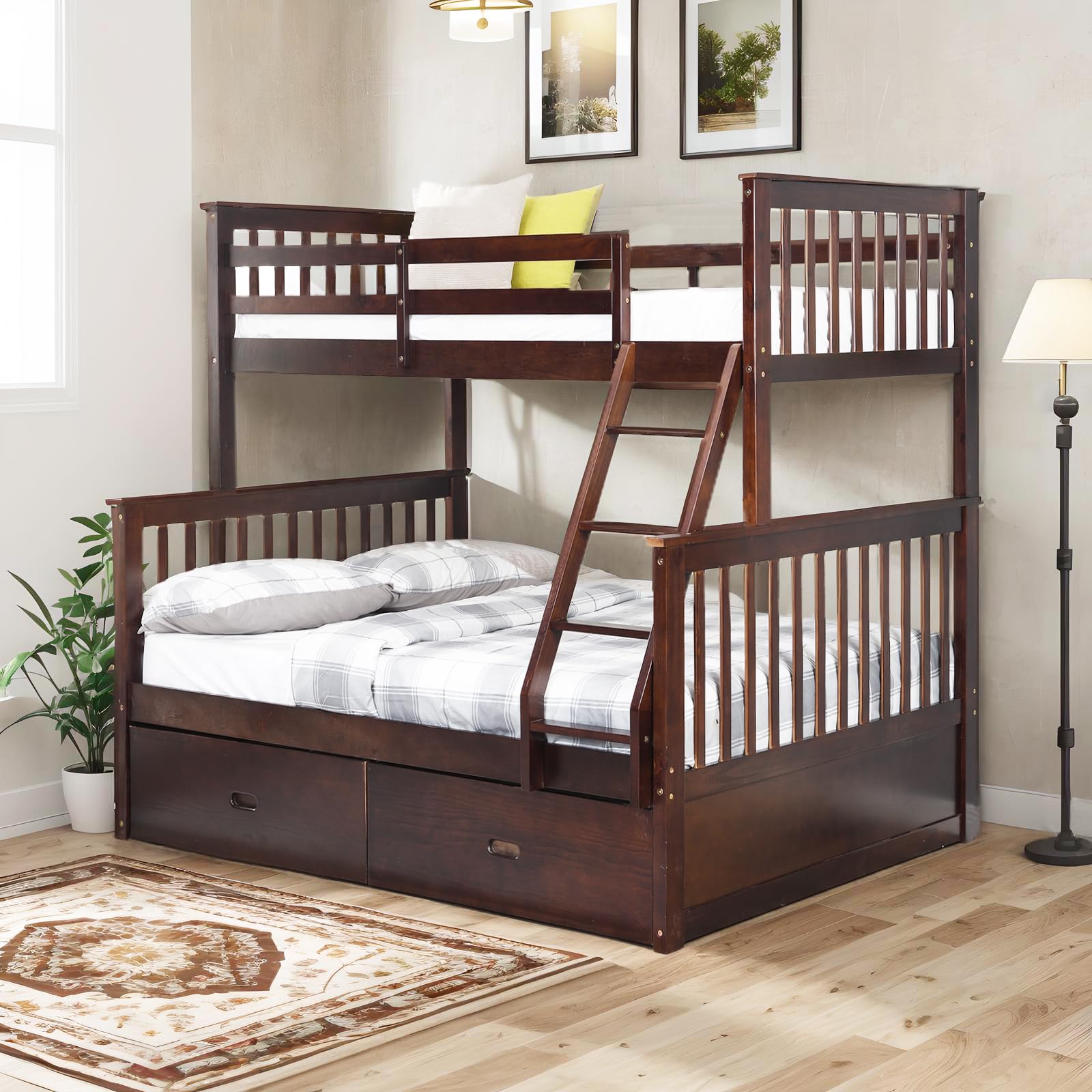 Twin Over Full Bunk Bed with Two Storage Drawers, Soild Wood Bunk Beds Frame w/Safety Guardrail＆Ladder for Bedroom, Space-Saving Wooden Bunkbed Kids Teens Adults (Espresso)