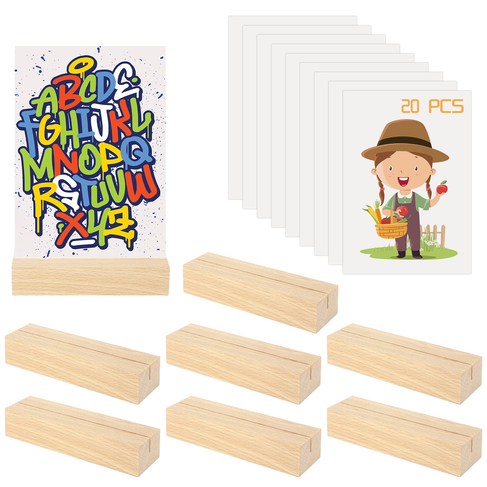 Charshiu 8PCS Wooden Place Card Holders, Wood Table Number Holder with 20 Blank Name Cards, Wooden Photo Picture Card Holder Stand for Birthday, Wedding, Table Sign, Party Decoration, Photo Display