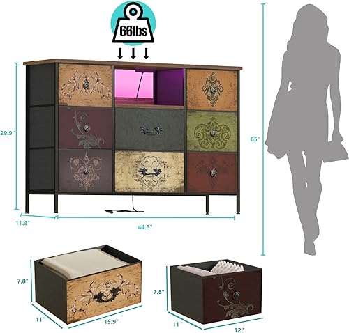 Miniatura 2 de Cómoda con Patrón con Luces LED y Tomas de Corriente, Cómoda Soporte de TV con 8 Cajones para TV de 55", Cómoda de Tela con Cajones para Dormitorio,