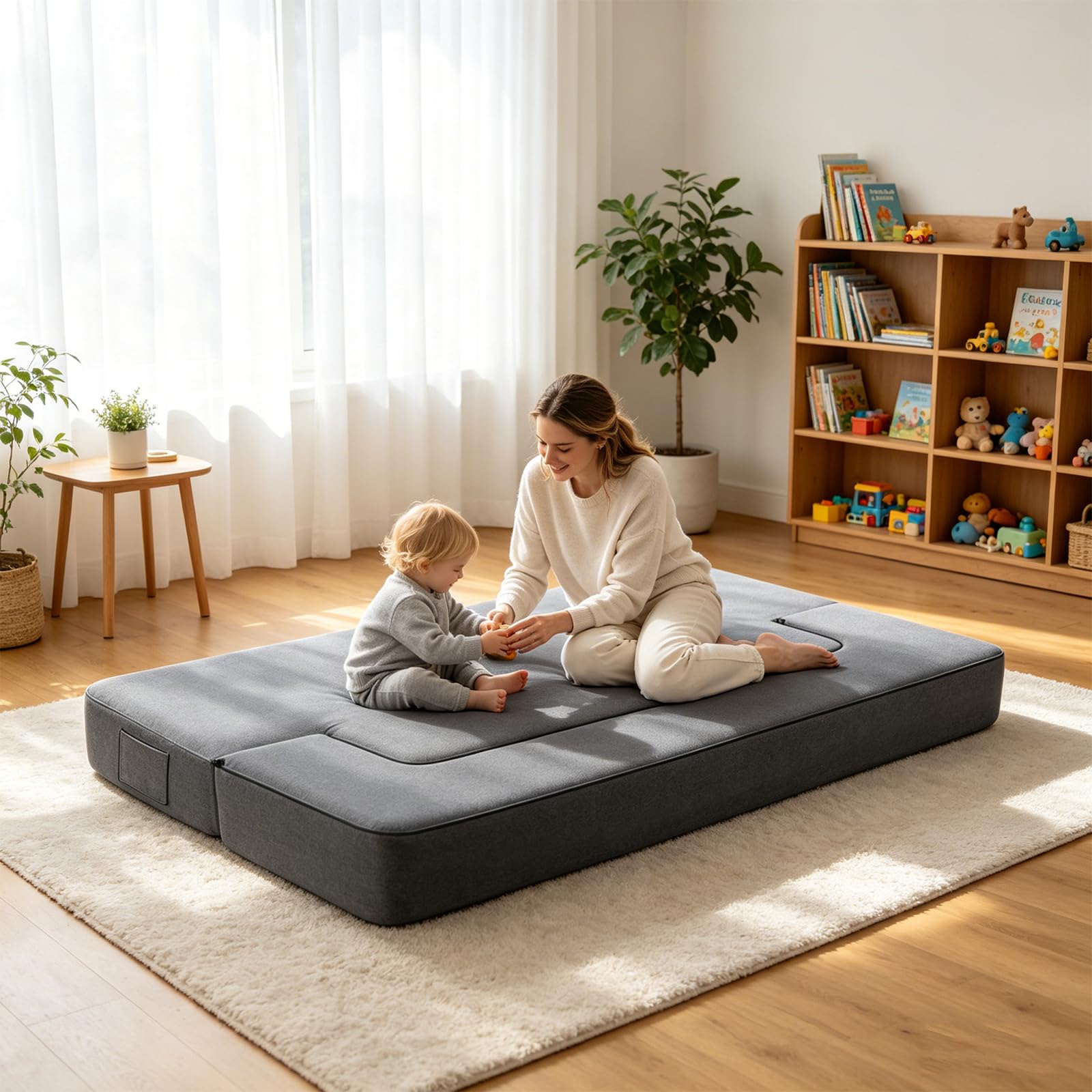 8 Inch Folding Sofa Bed Couch, Memory Foam Convertible Futon Sleeper Chair | Queen Size Modular lazy Floor Couch for Bedroom Living Room Guest, No Assembly Fold Out Sofa, Dark Grey