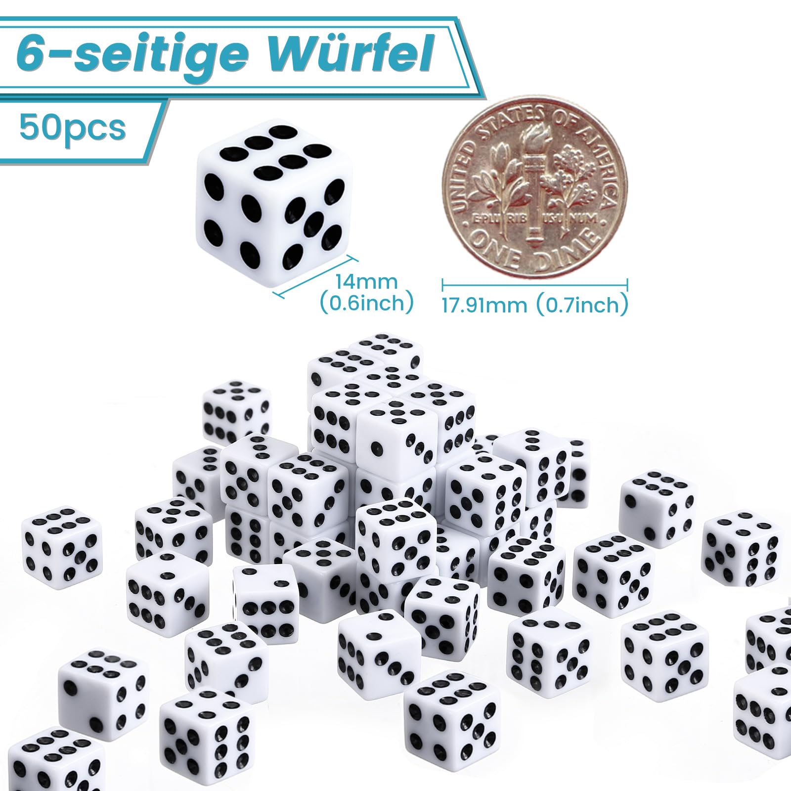 GWHOLE 50 sztuk standardowych kostek do gier, białe, 14 mm, 6-stronne pod kątem prostym, zestaw akcesoriów do gry w kości