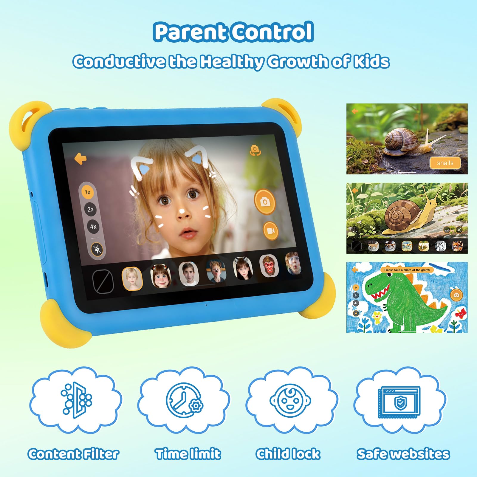 Kids Tablet 7 inch Android 15 Tablet for Kids, 20GB+64GB (TF 1TB), Android Tablet with Parental Control, AI Dual Cam & Learning, WiFi 6/BT 5.3, Widevine L1, Kid Tablet with Protective Case - Blue - 5