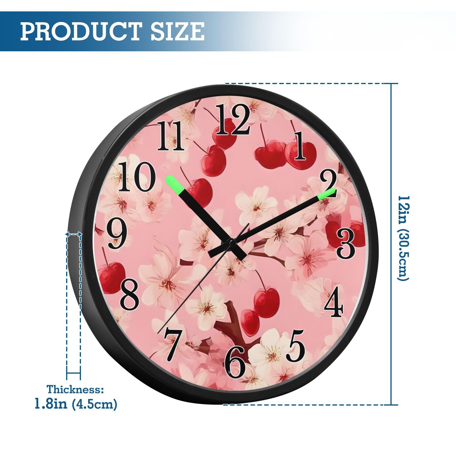 Mnsruu Reloj de pared luminoso con flores rosadas, reloj de pared que brilla en la oscuridad, funciona con pilas, 12 pulgadas, silencioso, sin tictac, luz nocturna para dormitorio