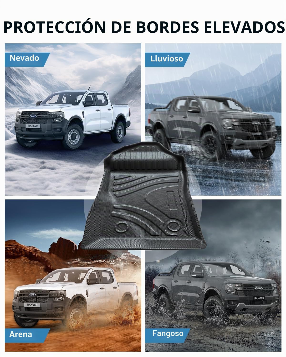 Alfombrilla para Ford Ranger T9 2026 2025 2024 2023, Alfombras Ranger T9 Raptor Wildtrak XLT Originales TPE con Bordes Elevados, Accesorios Antideslizantes e Impermeables, Negro (3 Piezas)
