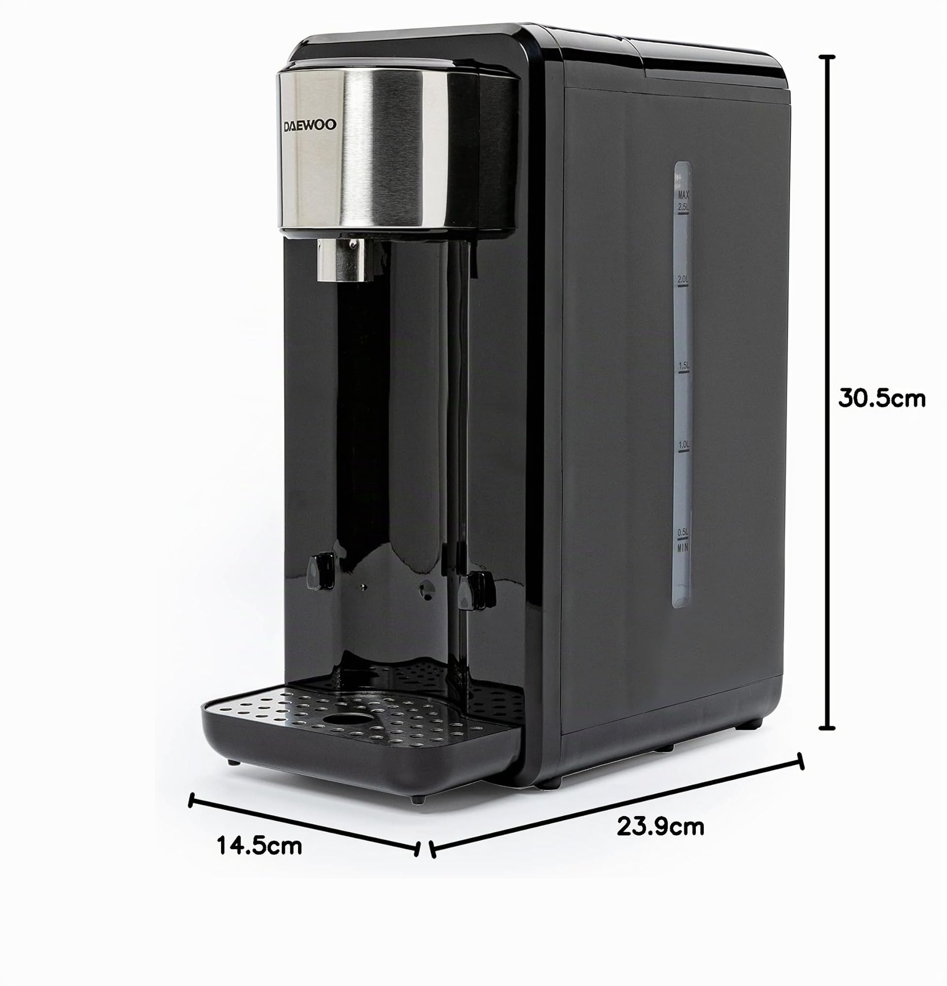 Daewoo DSWK40AT - Distributeur d'eau chaude - Bouilloire instantanée - Grande capacité : 2,5 litres - 2200-2600 Watt - Eau chaude en 5 à 10 secondes - Bac d'égouttage amovible - Noir