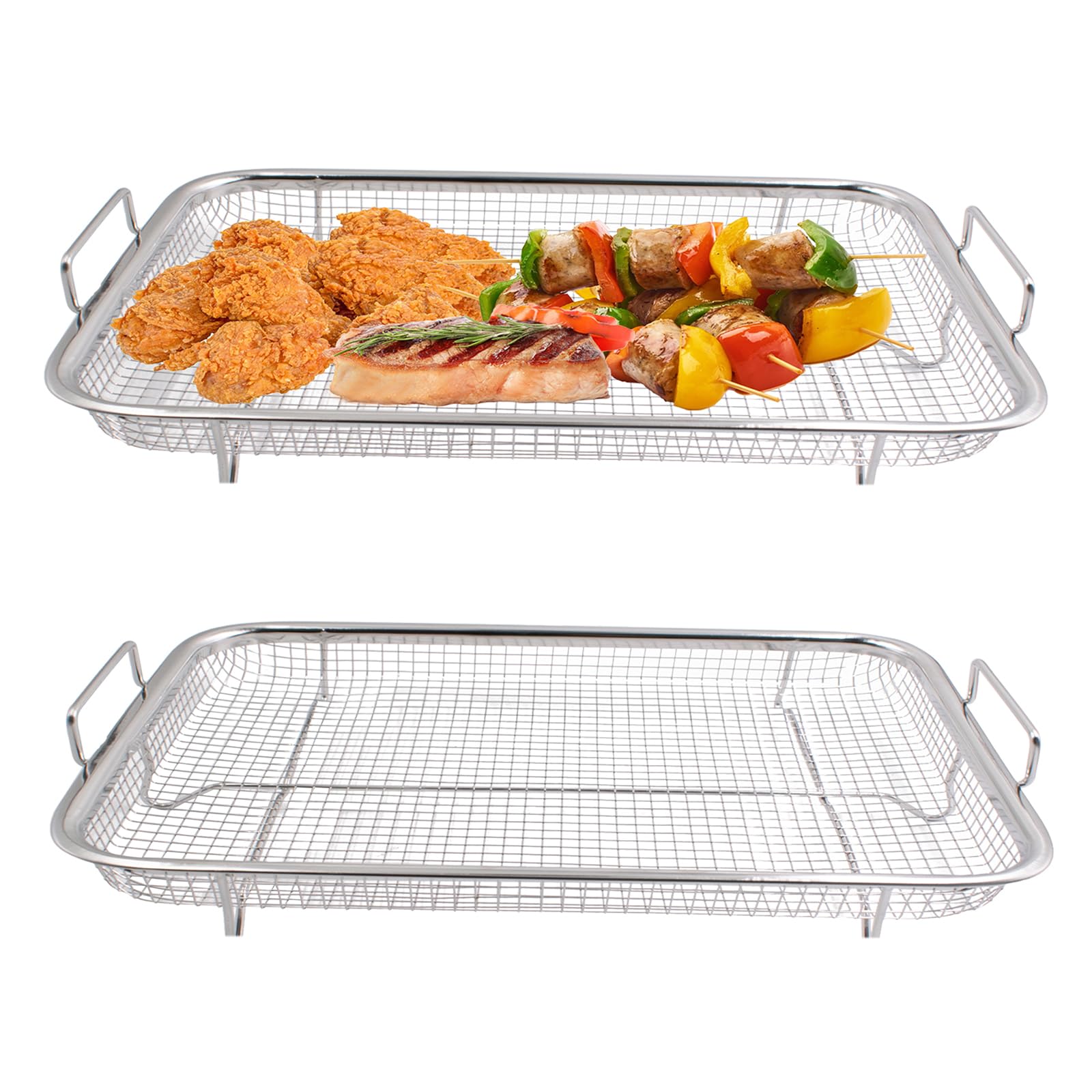 2 cestini per barbecue in acciaio inox, con manici, in metallo, per verdure, pollo, carne e pesce, 30 x 22 x 5,5 cm