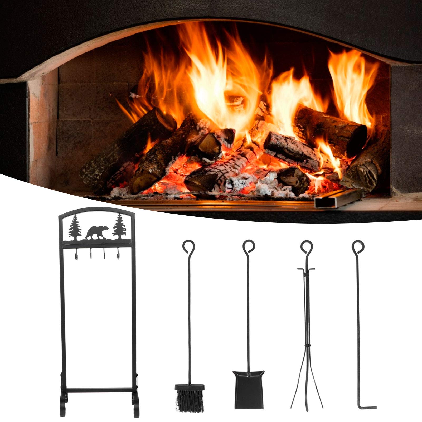 Wakects Juego de Herramientas para Chimenea Juego de Fuego de Hierro Forjado 5 Piezas con Soporte 22 X 31 X 82 Cm Diseño de árbol de Oso Pala de Póker Pinzas para Cepillo para Chimenea Interior Estufa