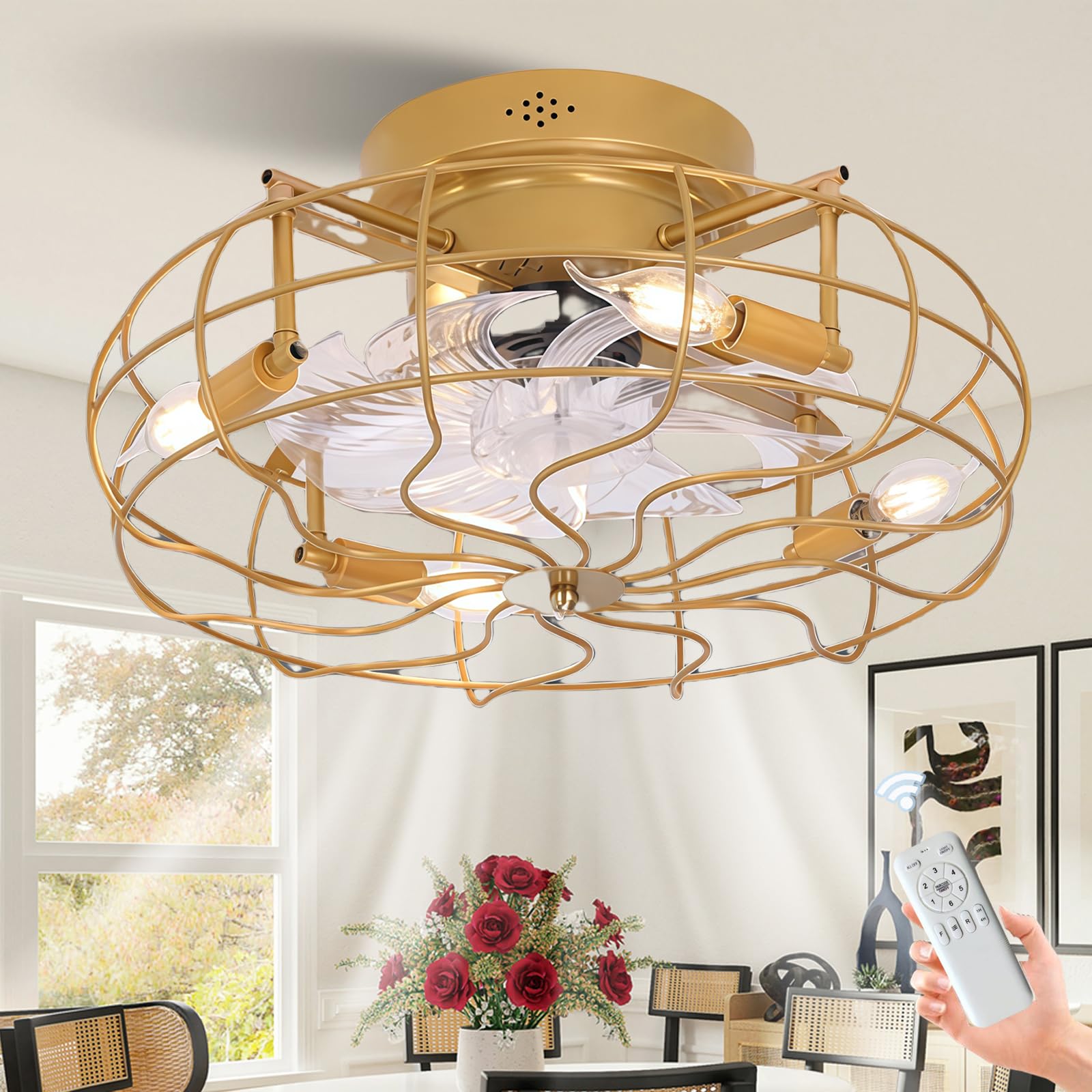 HXYSXHJUO 50CM Cage Ceiling Fans with Lights and Remote, 6 Speeds Industrial Fan Lamps Reversible DC Motor for Living Room, Dining Restaurant, Bedroom, Lounge-D
