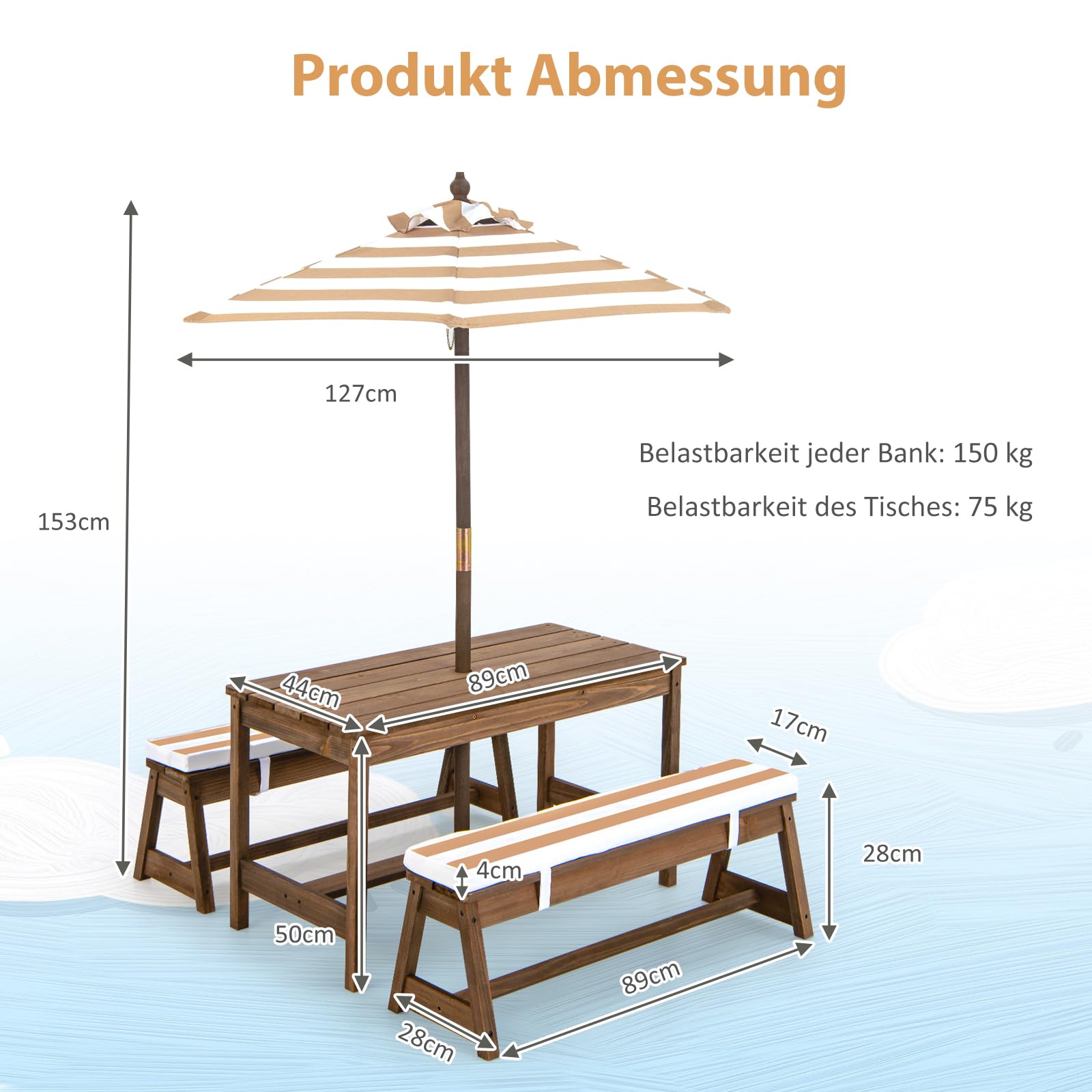 SOARS Set di Tavolo Picnic per Bambini con Ombrellone Regolabile, Panche per Bambini in Legno di Abete con Parasole e Cuscini Morbidi, Tavolo e Panchine Pranzo da Giardino e Parco (Marrone)