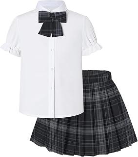 Girls Skirt Set JK School Uniform 2-Piece Outfit - Short Sleeve Shirt with Bow & Pleated Skirt 4T-14Y