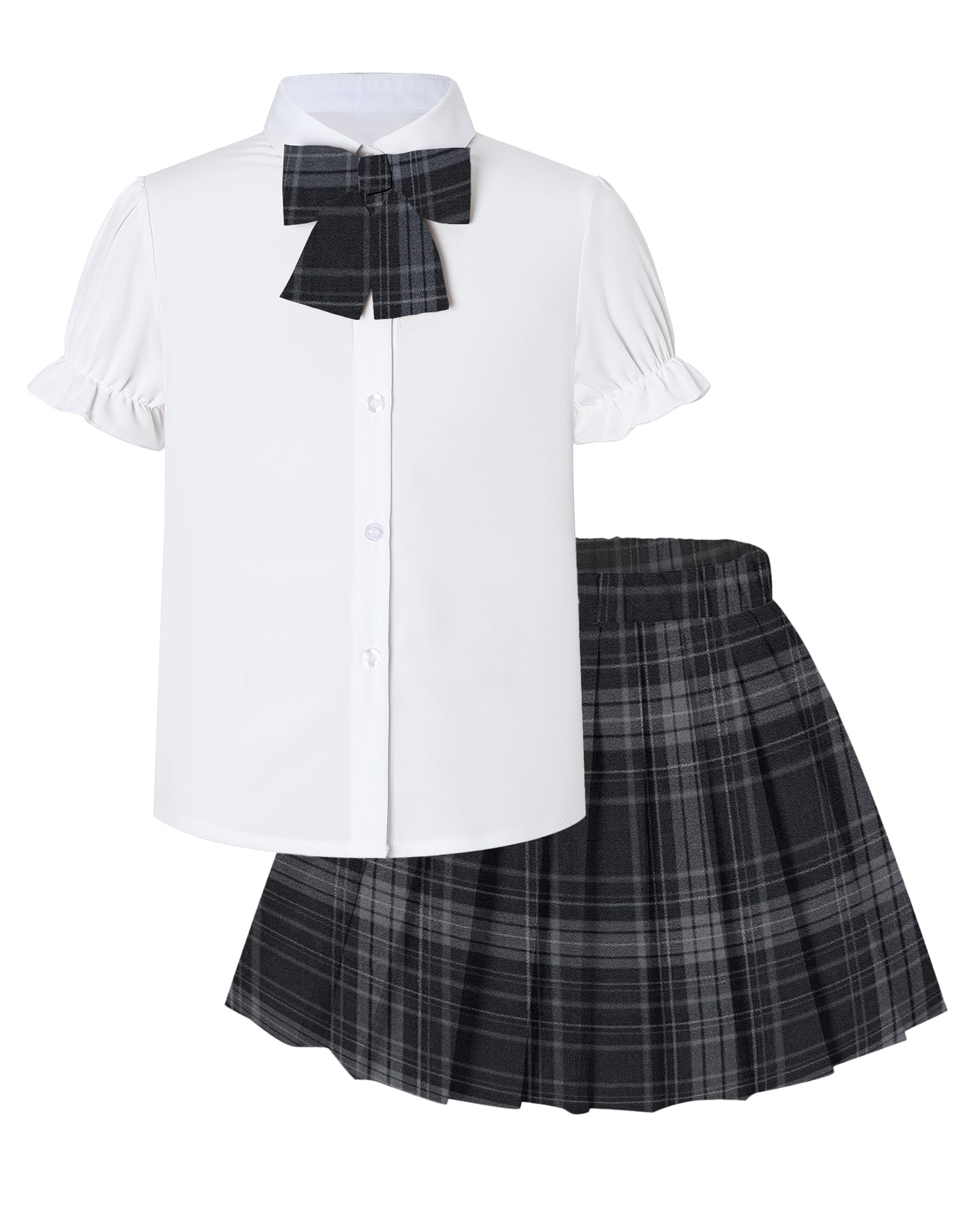 Betusline Girls JK Uniform Outfit, Shirt with Bow &amp; Pleated Skirt,4T-16Y
