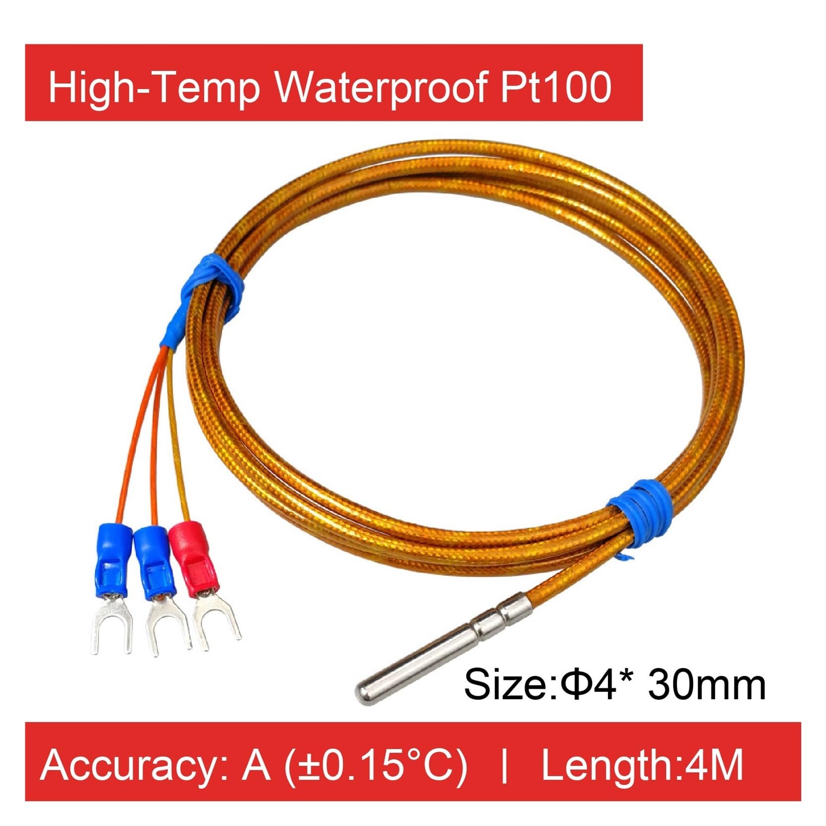 WAPT-035-GK-PT100 Sensor de temperatura Sonda RTD Acero inoxidable resistente al agua -50-350C Cable trenzado industrial de 4x30 mm | A-4m