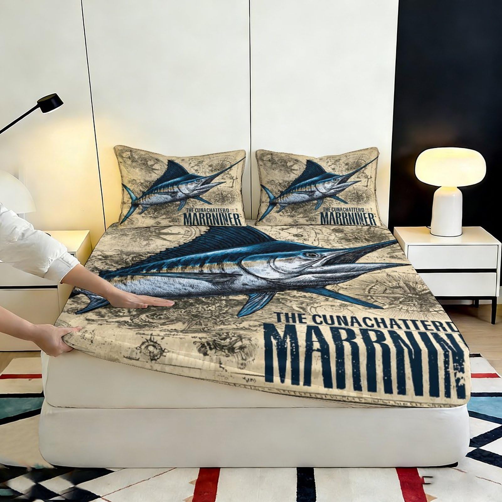 3D gedrucktes Marlin-Muster Spannbetttuch Mikrofaser Tiefe Tasche Schlafzimmer Bettwäsche Marlin Matratzen-Spannbezug rutschfest Vollumschließend Waschbar Matratzenschutz 200x200x25cm