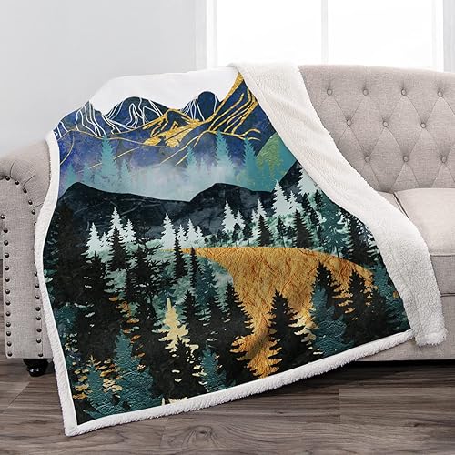 Jekeno Manta de sherpa de montaña, diseño de árboles y bosques, manta suave y suave para sofá, silla, cama y oficina, 50 x 60 pulgadas