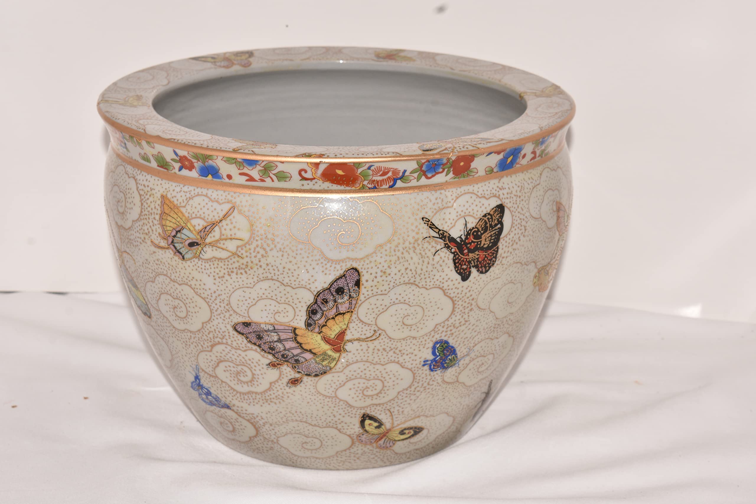 16" Oriental Colorful Butterflies Butterfly Fish Bowl Jardiniere Planter Plant Pot Satsuma Style