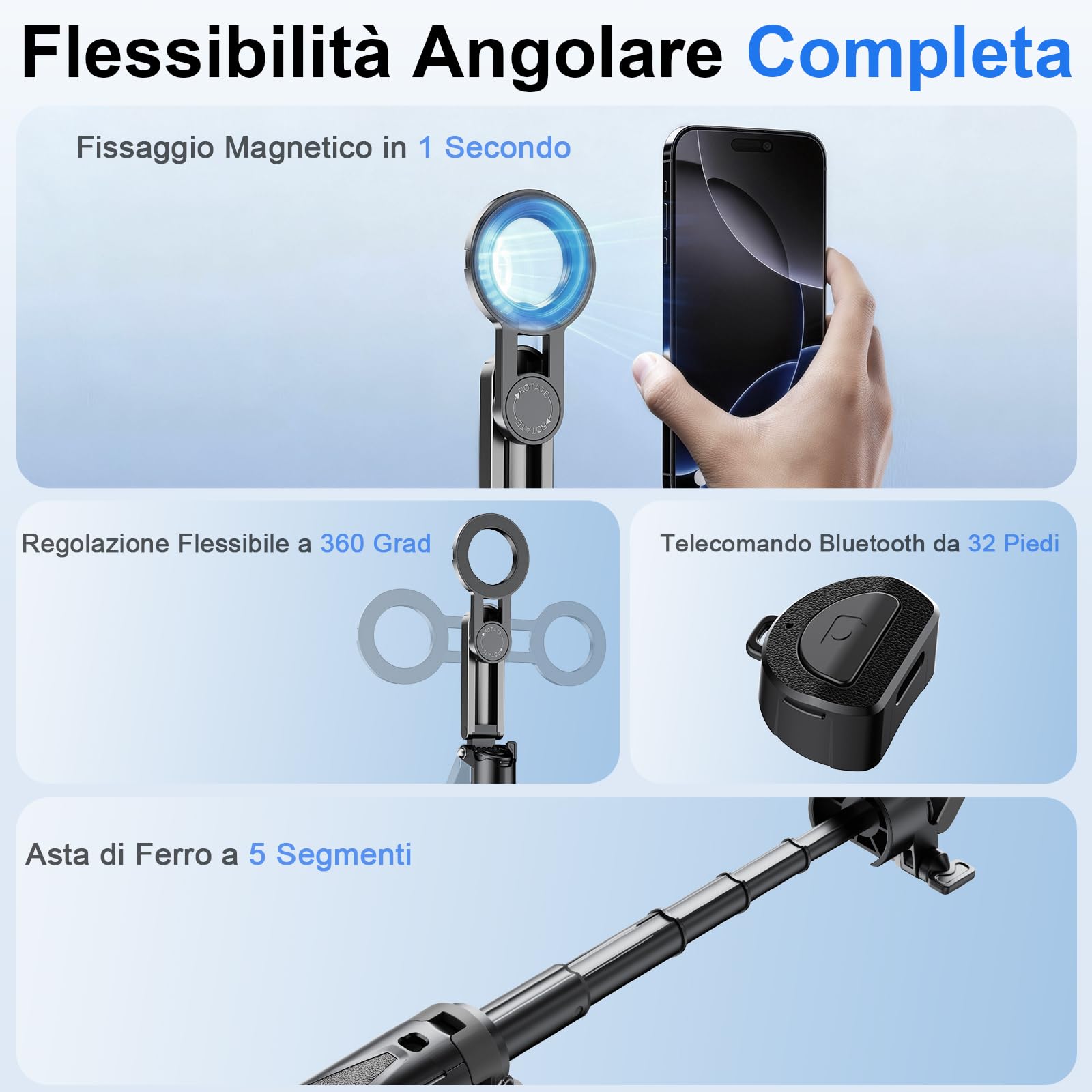 Treppiede magnetico mini 4-in-1 per smartphone, bastone selfie con telecomando Bluetooth rimovibile, zoom regolabile, slitta fredda, per iPhone e Android – pieghevole, ideale per vlog/fotografia