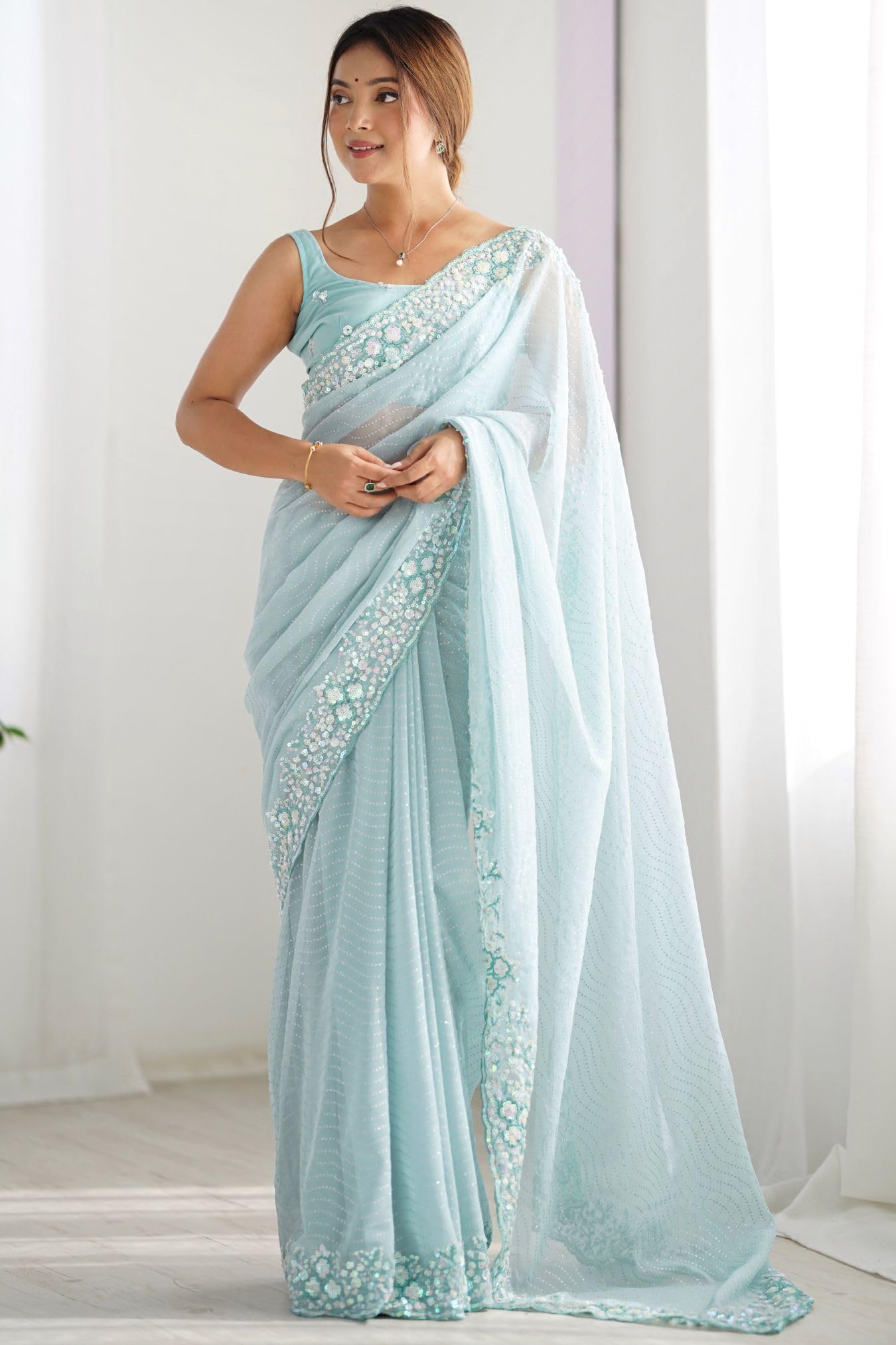 SGF11 Women's Georgette and Sequence Embroidery Work Saree With Unstiched Blouse Piece