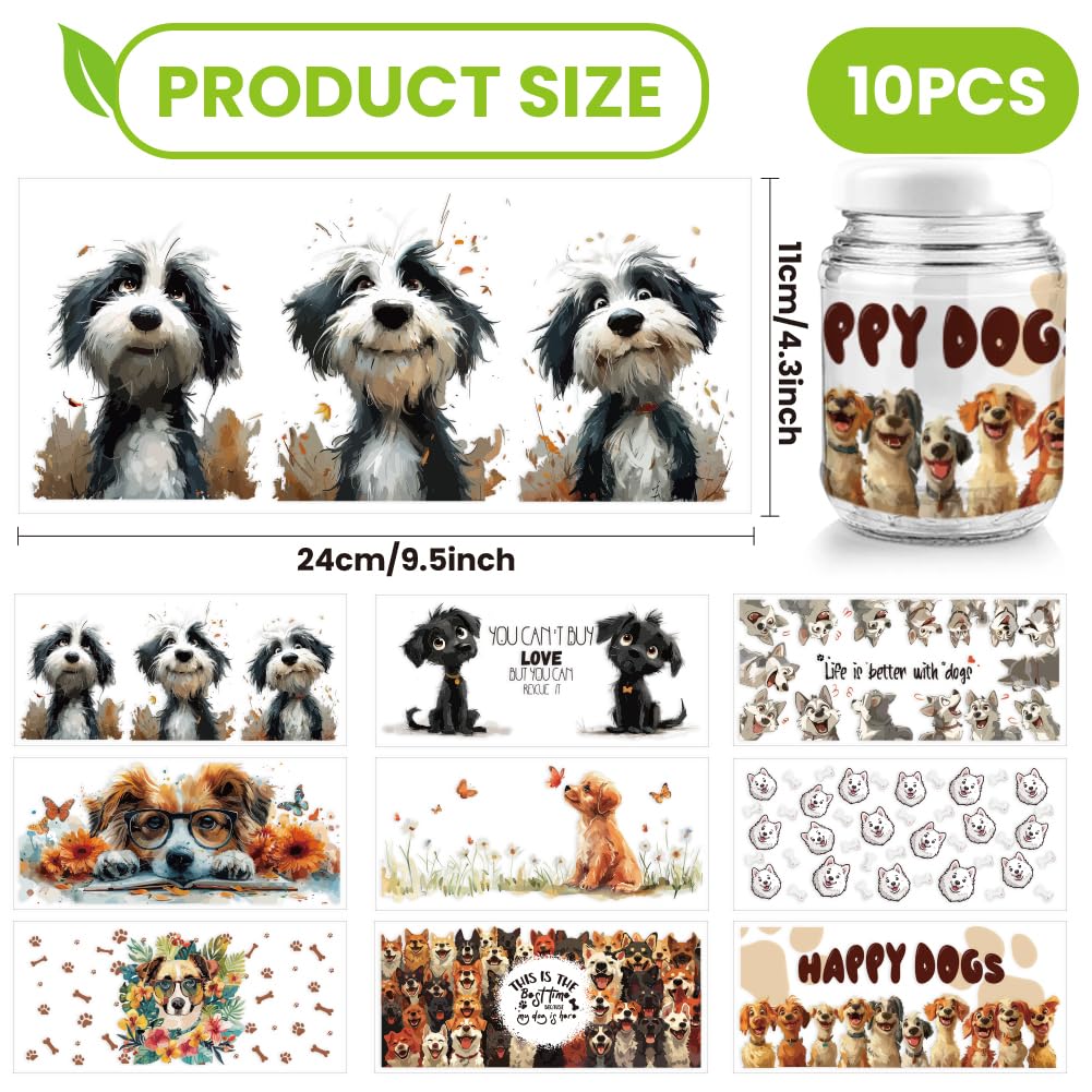 10 Sheets Puppy Dog UV DTF Cup Wraps - Waterproof Transfer Stickers For 16 Oz Glass Cups, DIY Water Bottle Decals
