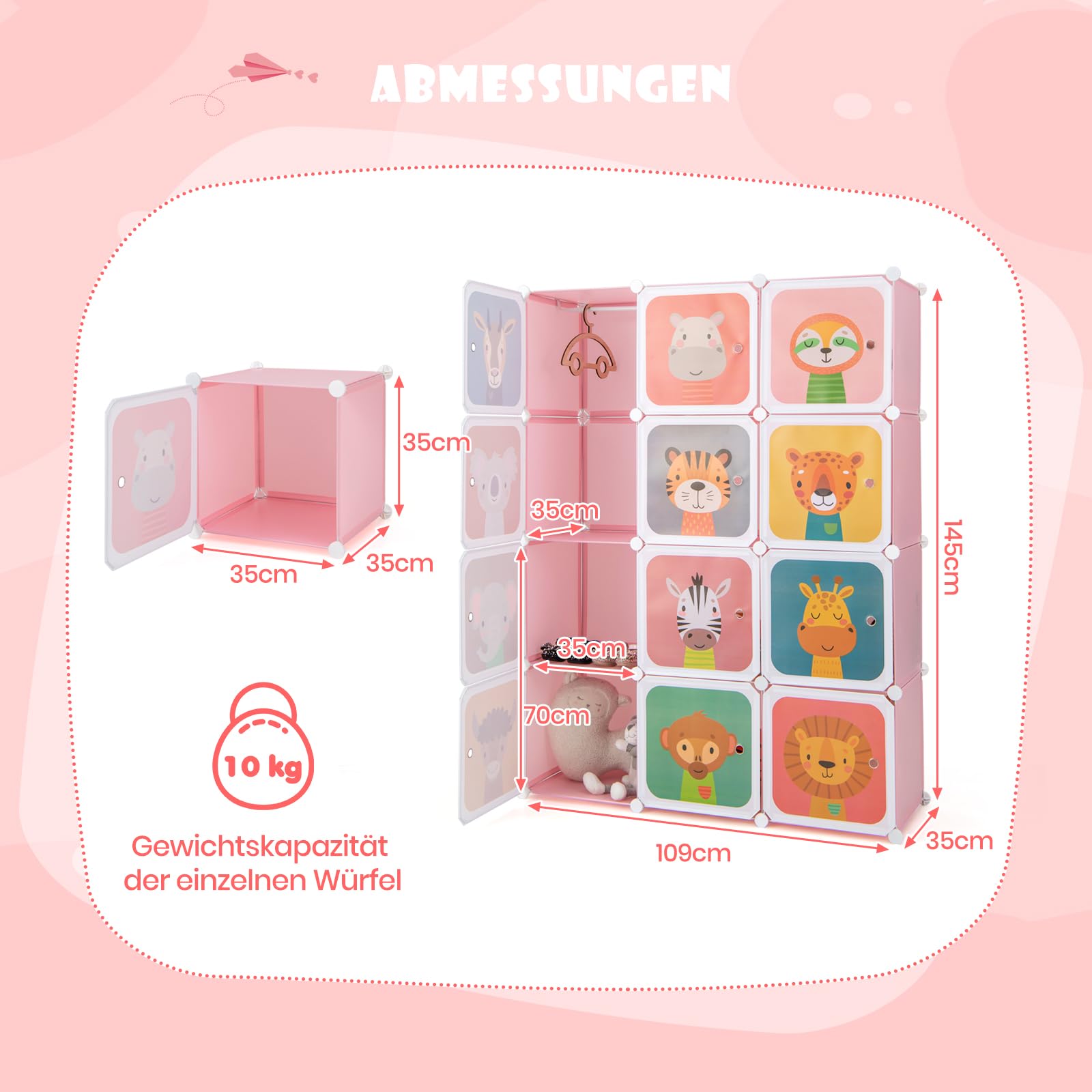 DREAMADE Kinderkleiderschrank mit 8/12 Würfeln, Kinder Kleiderschrank Regalsystem aus Kunststoff, Kinderschrank mit Türen & Kleiderstange für Kinderzimmer, 110x37x145cm (12 Würfeln-Tier-Rosa)
