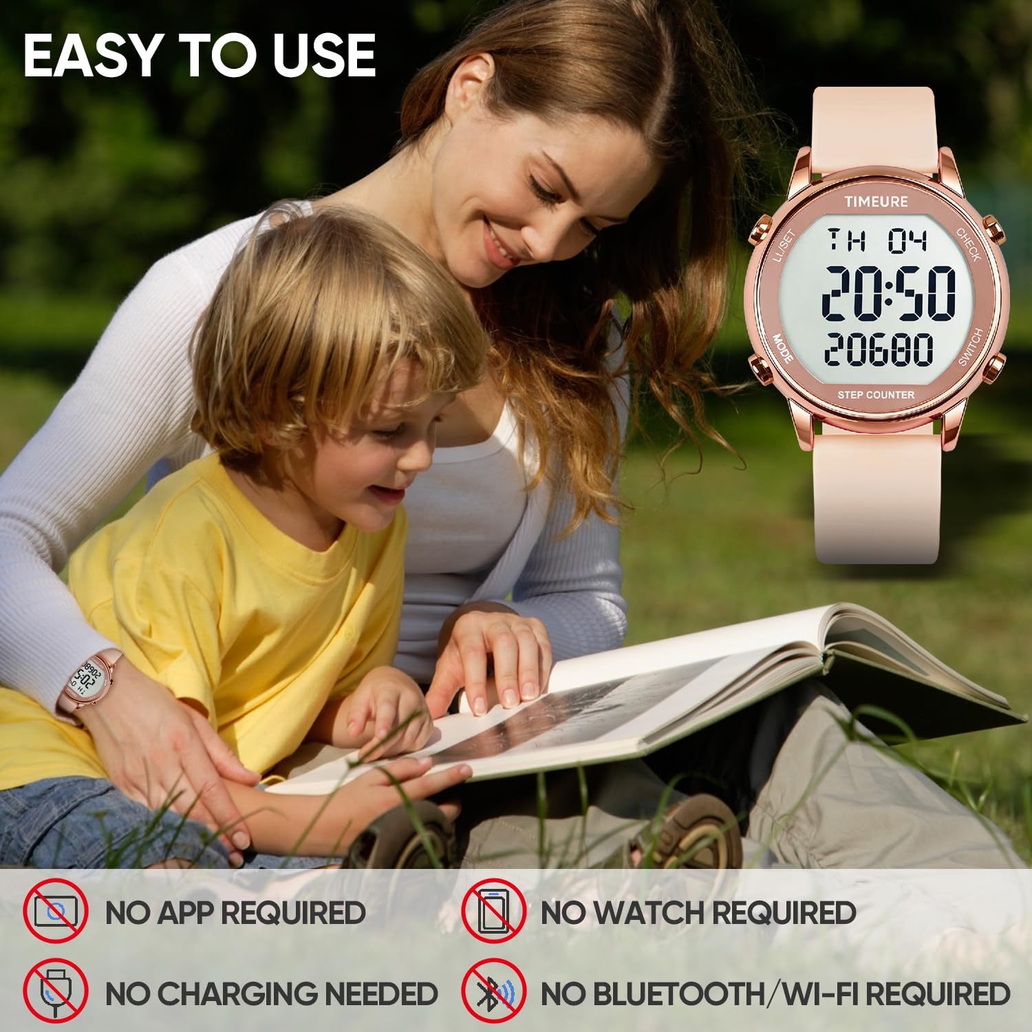 TIMEURE Reloj podómetro para mujer, contador de pasos para caminar, no requiere aplicación/teléfono, contador de pasos, resistente al agua, seguimiento de calorías, seguimiento de distancia, alarma
