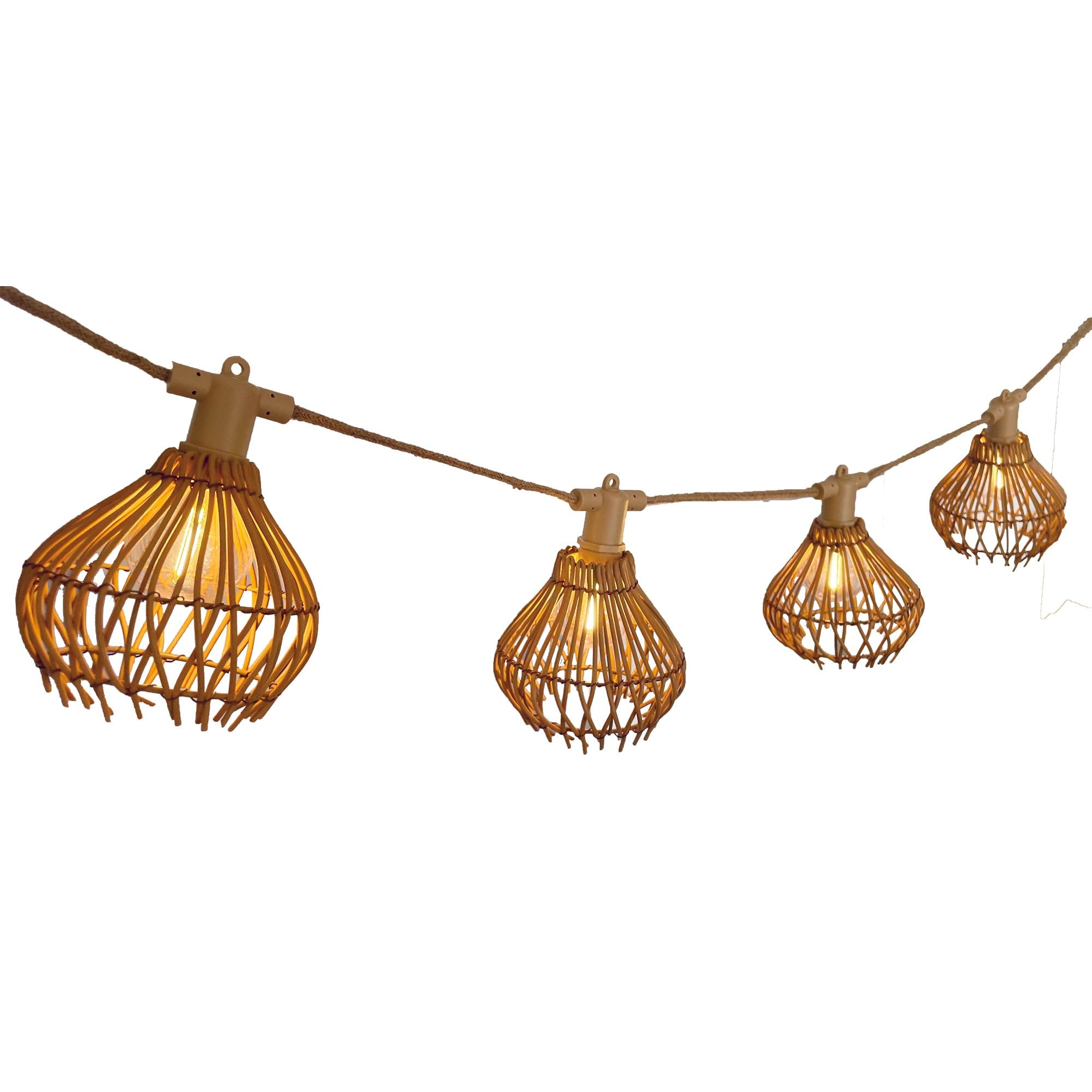 Ghirlanda luminosa esterna collegabile 10 paralumi naturali in rattan ROTILIA LIGHT HYBRID bianco caldo 8 m solare e su settore