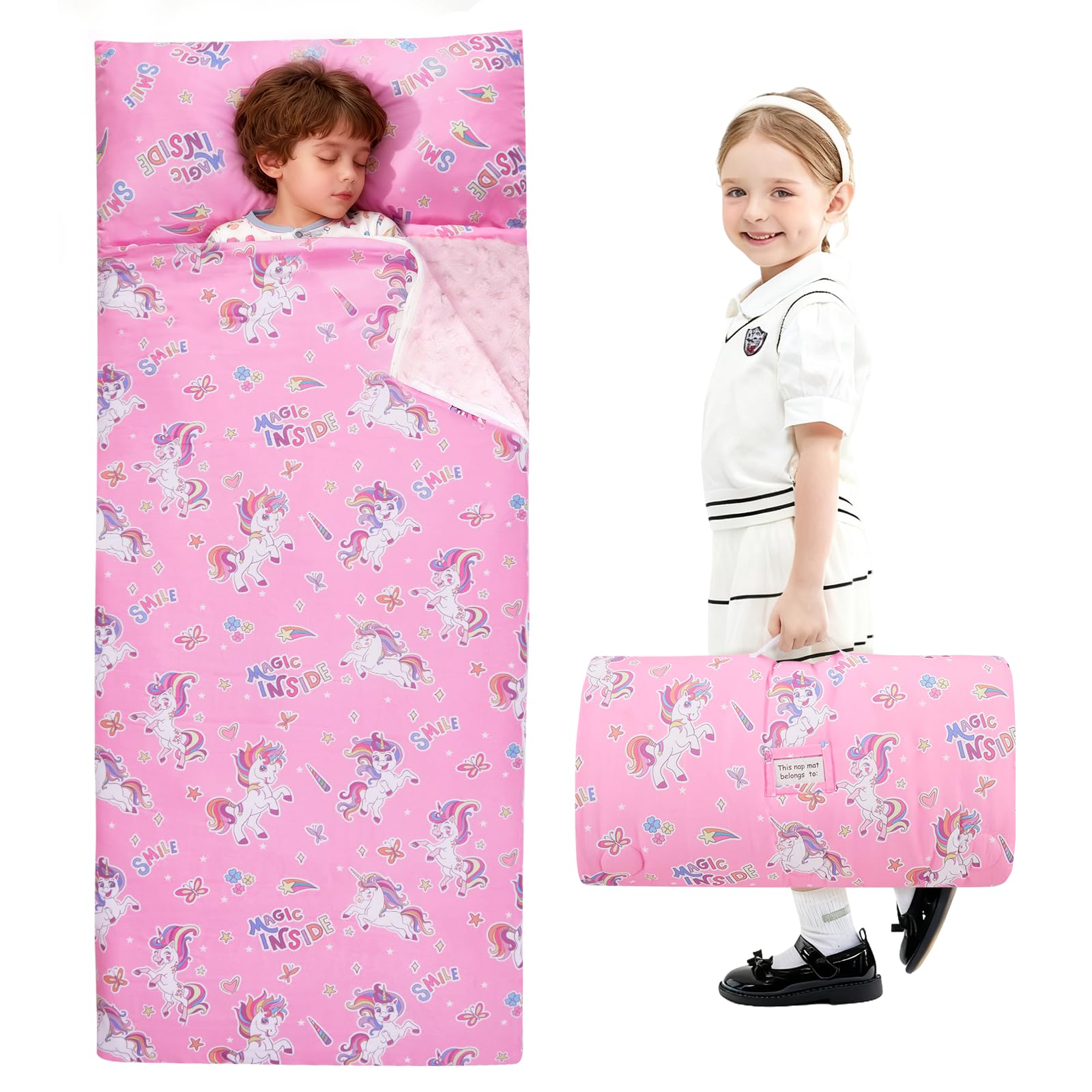 Sleeping Bag Kindergarten for Boys & Girls 3-8 Years, 120x60 cm - Cotton Fluffy Lining, Light & Warm With Removable Pillow - for Daycare, Travelling & Camping (Unicorn)