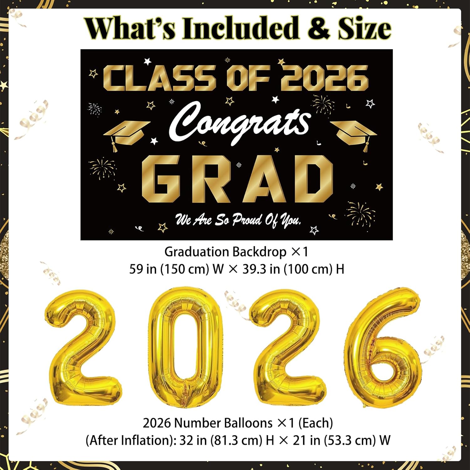 Black and Gold Graduation Decorations 2026 - Graduation Party Supplies with 5x3.3Ft Backdrop, 32" Jumbo Number Balloons, Grad Cap Balloons, Lanterns, Fans & Star Garlands for Senior 2026 Decorations