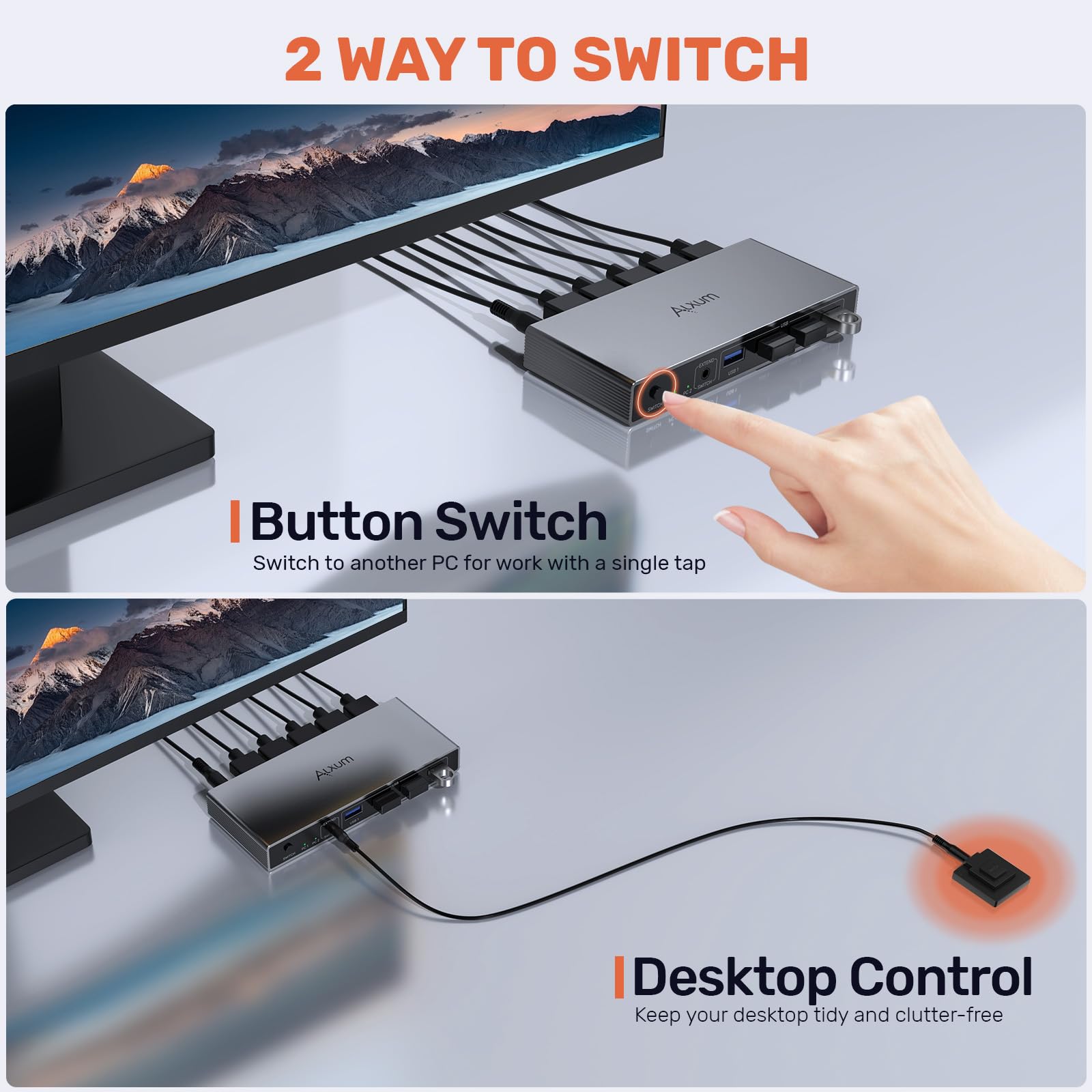 Alxum Przełącznik KVM DP 1.4 – dwa komputery dzielące jeden monitor, przełączanie dwóch trybów, 8K 60 Hz Ultra HD, 4 USB A 5 Gb/s do klawiatur, myszy, dysków USB, zewnętrznych dysków twardych, z