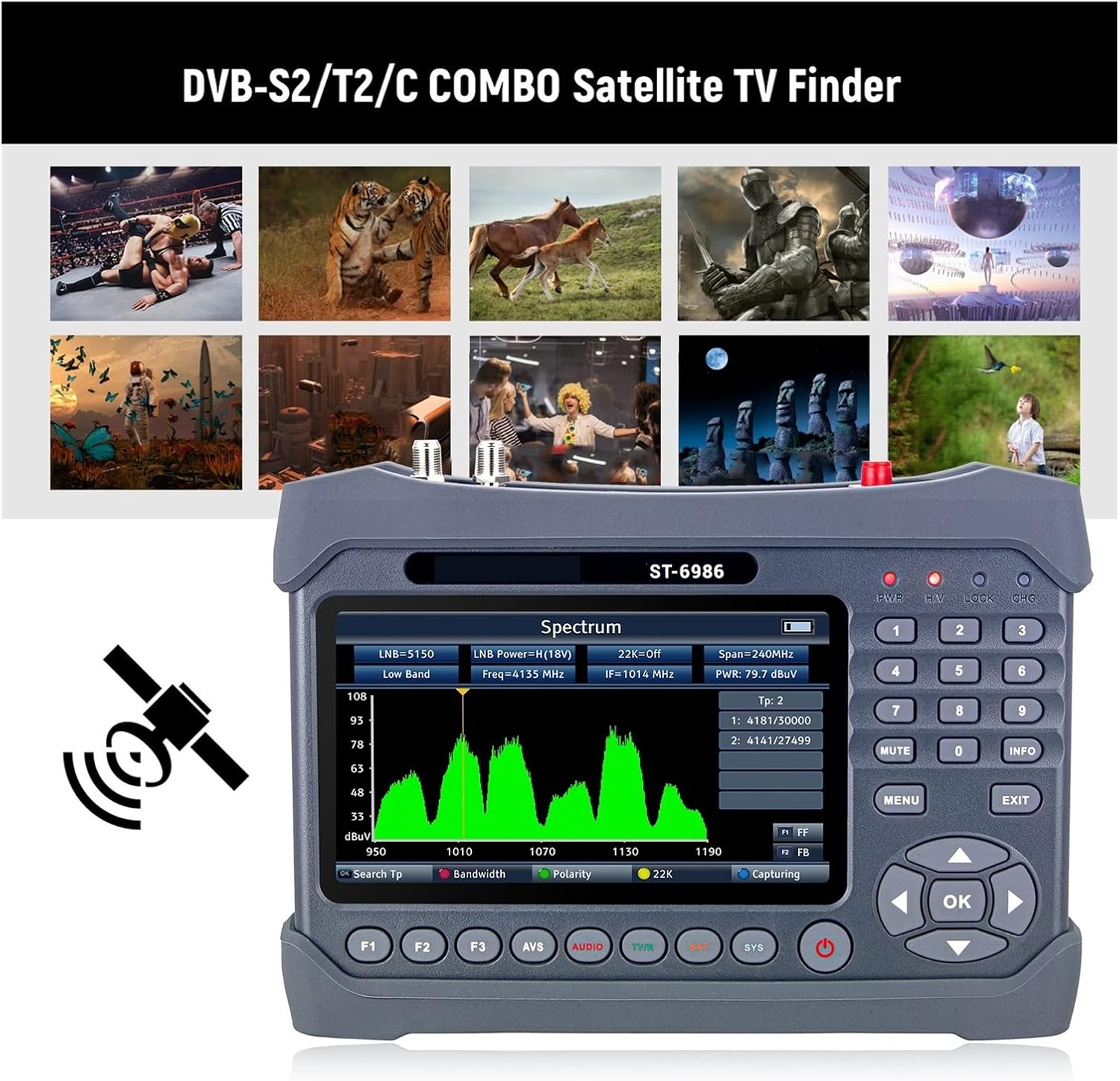 Satellite Finders Digital Signal Meter HEVC H.265 (10 Bit) MPEG-4 ST-6986 DVB-S/S2/T/T2/C Satellite Finder Combo Satellite TV Signal Finder for Adjusting Sat Dish